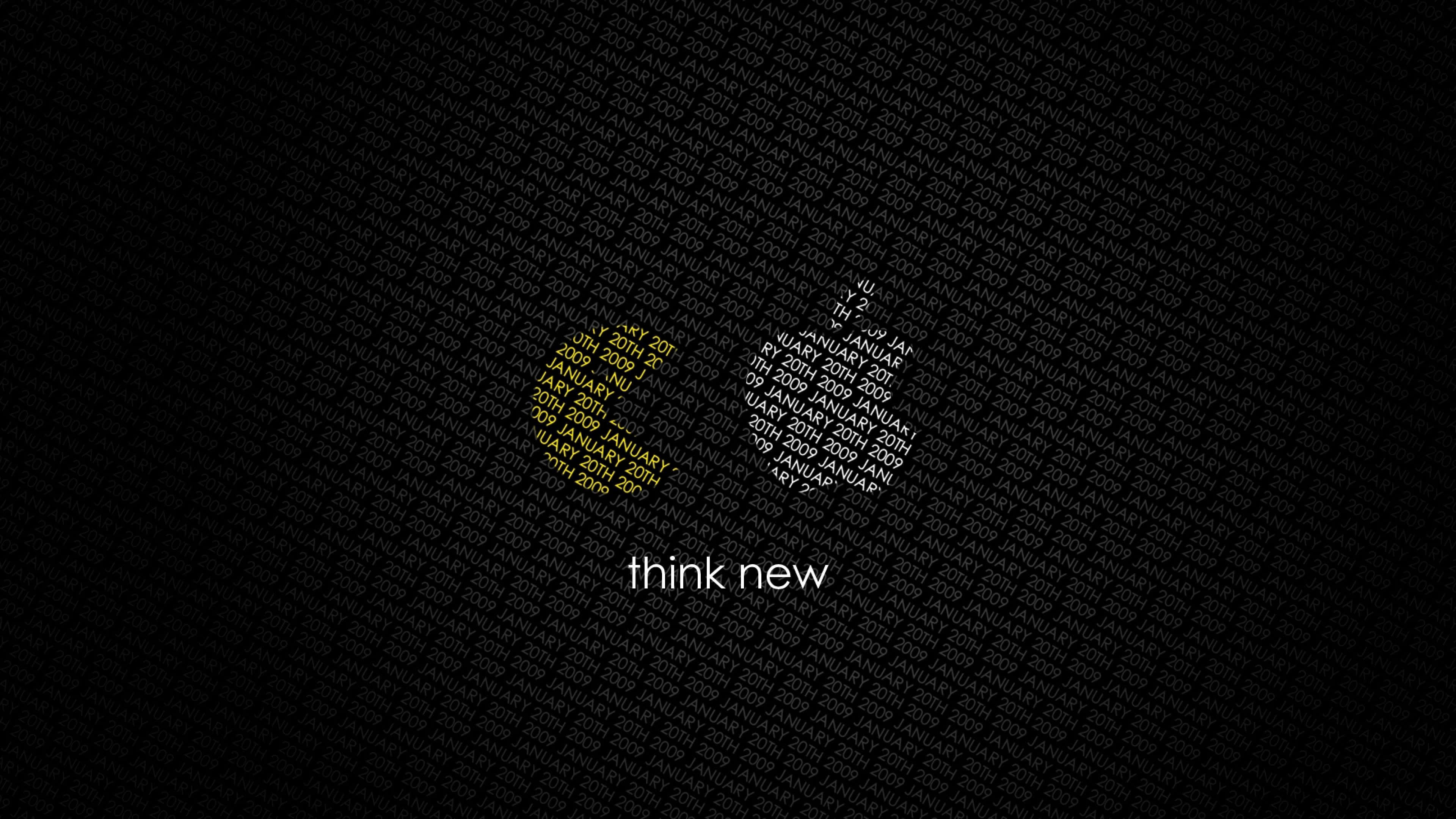 4K Apple 桌布 壁紙 — 黑色背景上充滿重複的文字圖案，形成一個發光的黃色抽象形狀，下方有 think new 字句。