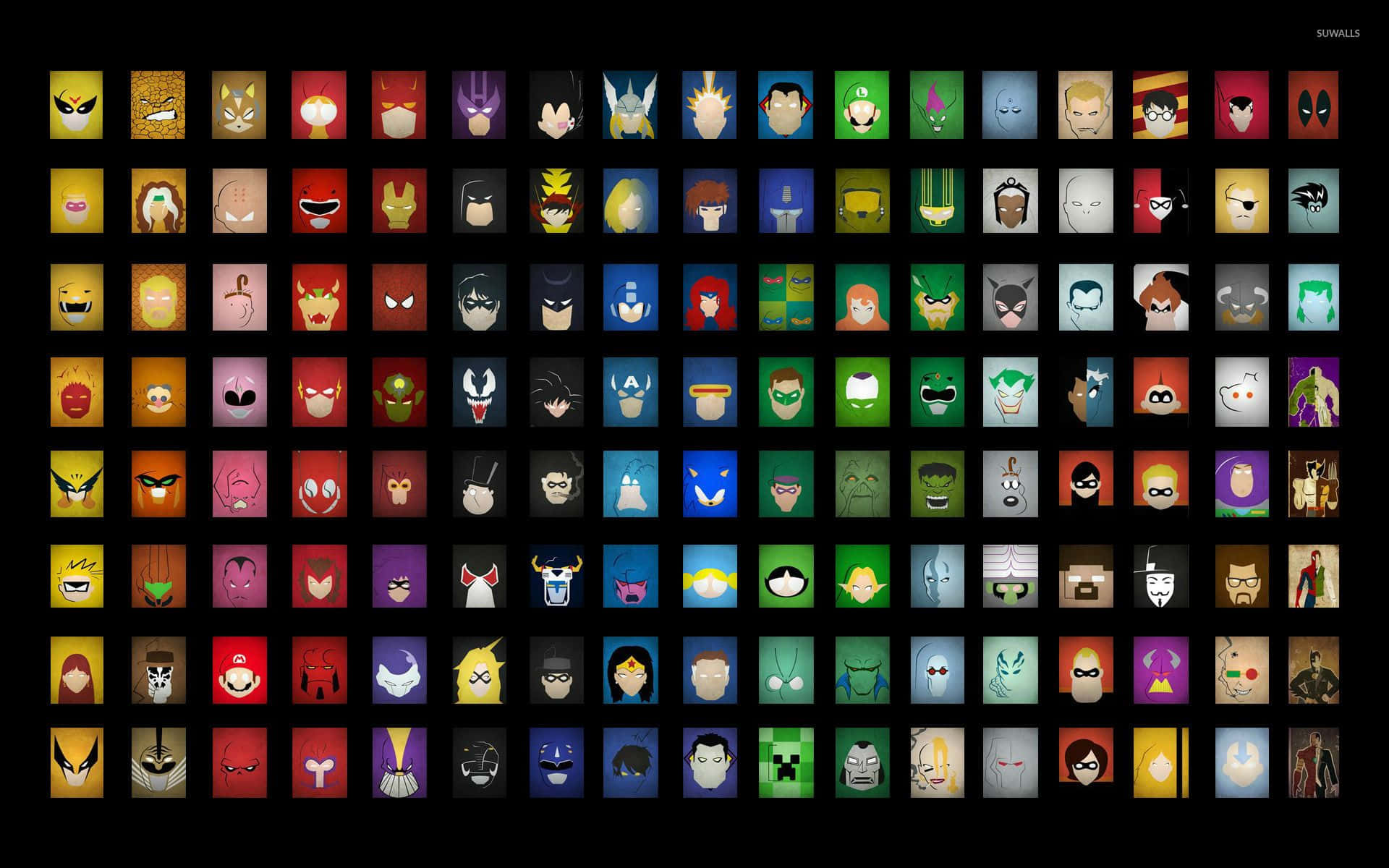 Animated Superhero Movies 桌布 壁紙 — 黑色背景上嘅彩色像素藝術角色頭像網格。