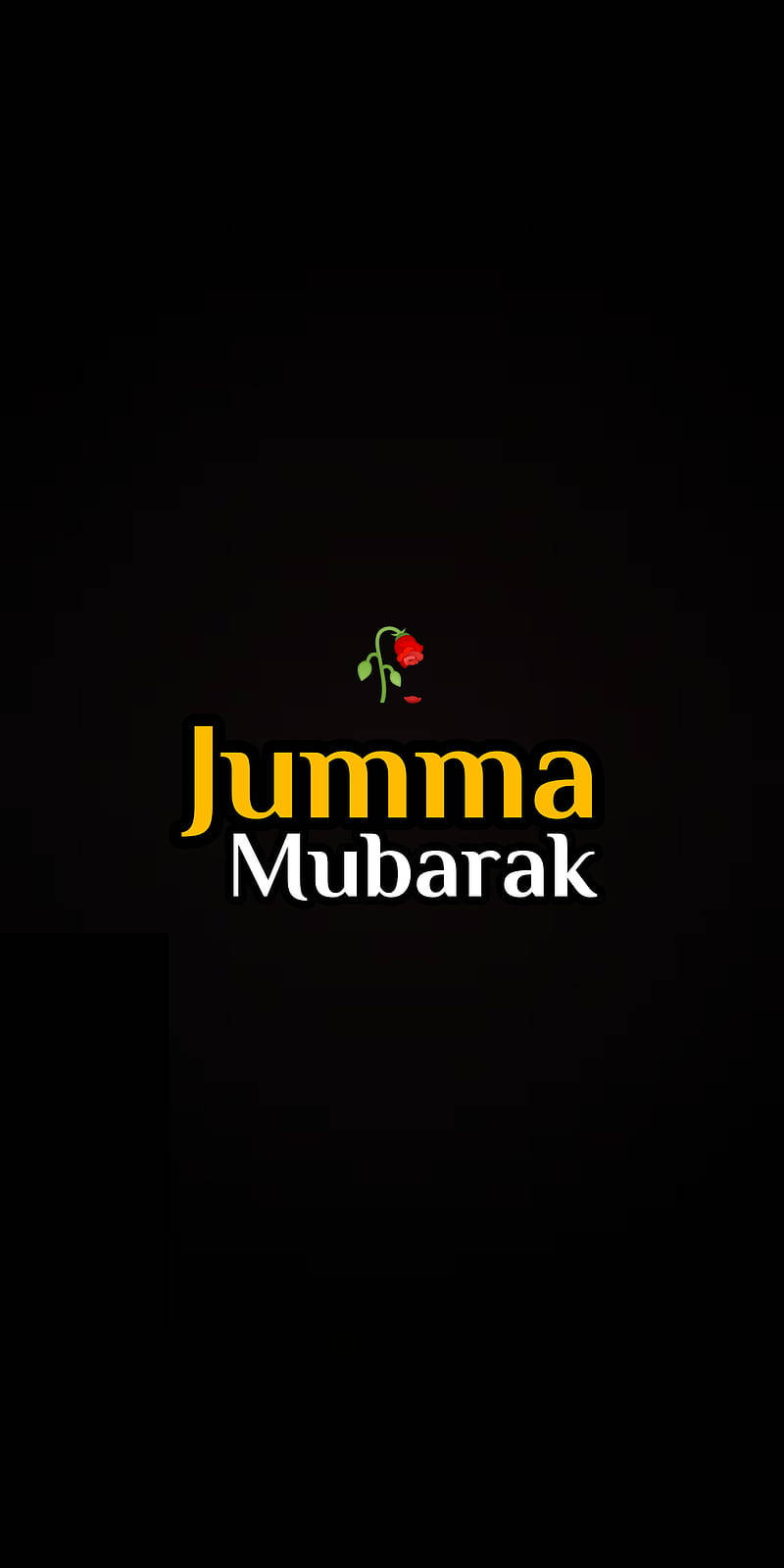 伊斯蘭 桌布 壁紙 — 黑色背景上居中顯示粗體黃色和白色的「Jumma Mubarak」文字及紅色玫瑰圖示。