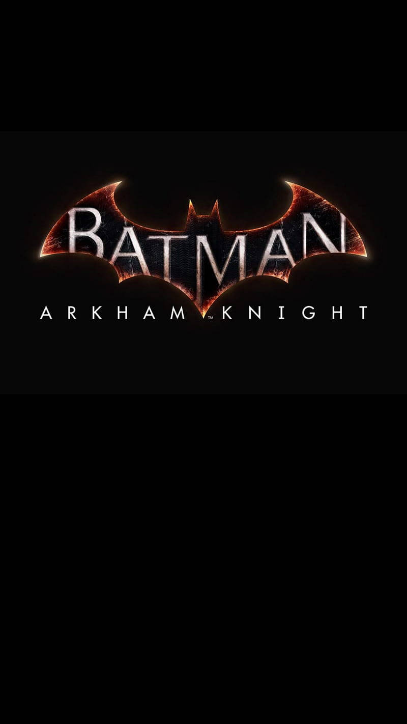 蝙蝠俠標誌 桌布 壁紙 — 黑色背景上帶有『BATMAN ARKHAM KNIGHT』文字的發光蝙蝠標誌。