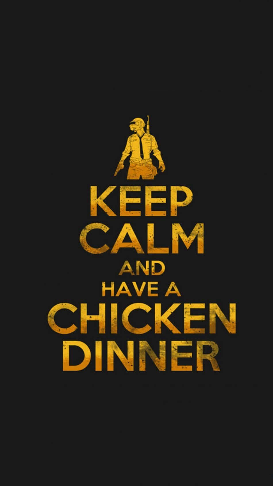 Pubg Logo 桌布 壁紙 — 黑色背景上帶有士兵剪影的金色「Keep Calm and Have a Chicken Dinner」文字。