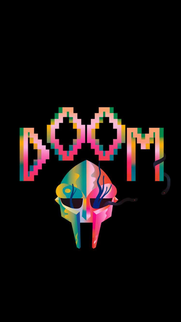DOOM iPhone MF 壁紙 — 黑色背景上帶有彩虹漸變色彩的鮮豔像素化DOOM標誌和骷髏頭。