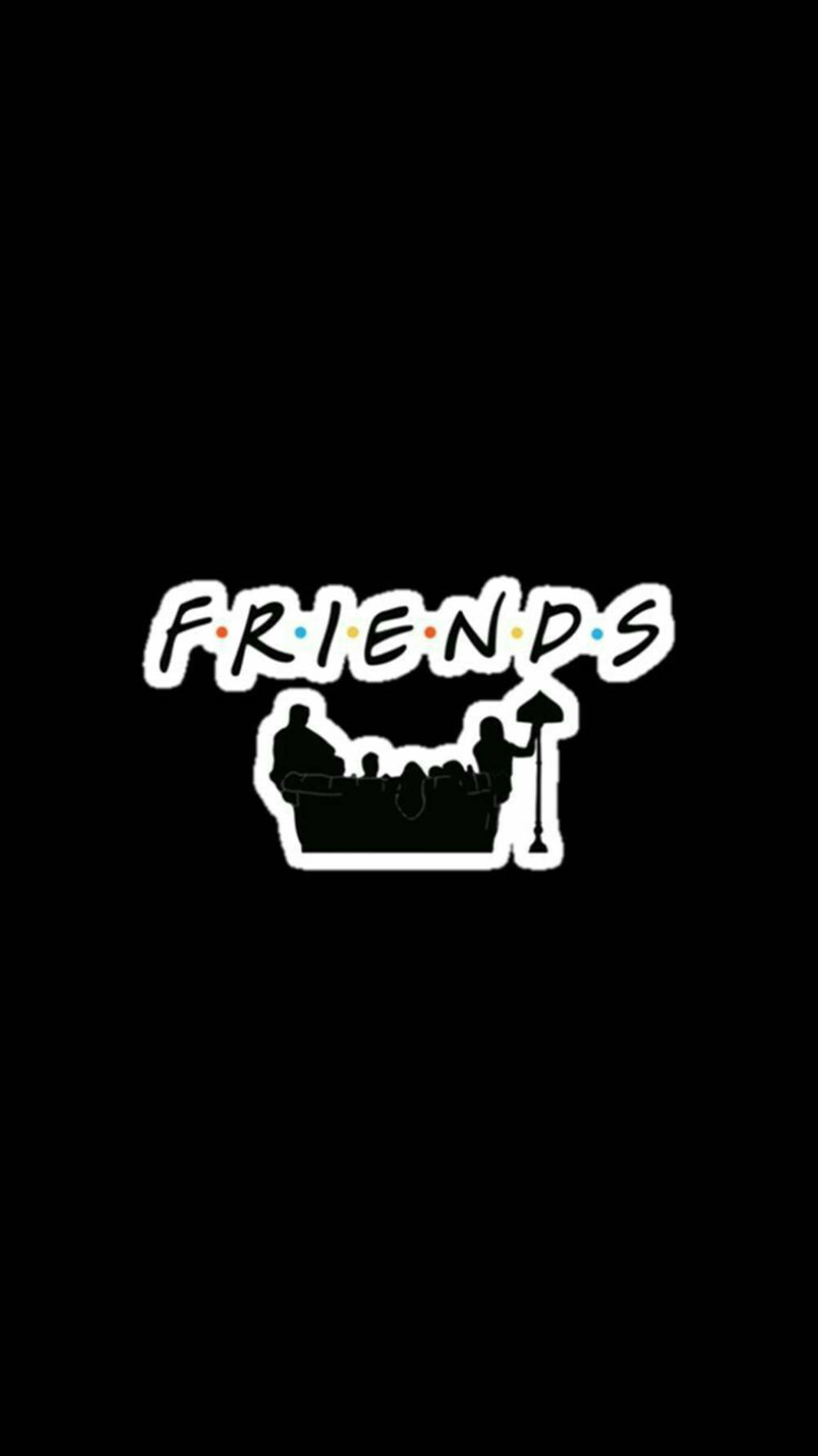 肖像 桌布 壁紙 — 黑色背景上帶有梳化剪影的白色 Friends 標誌。