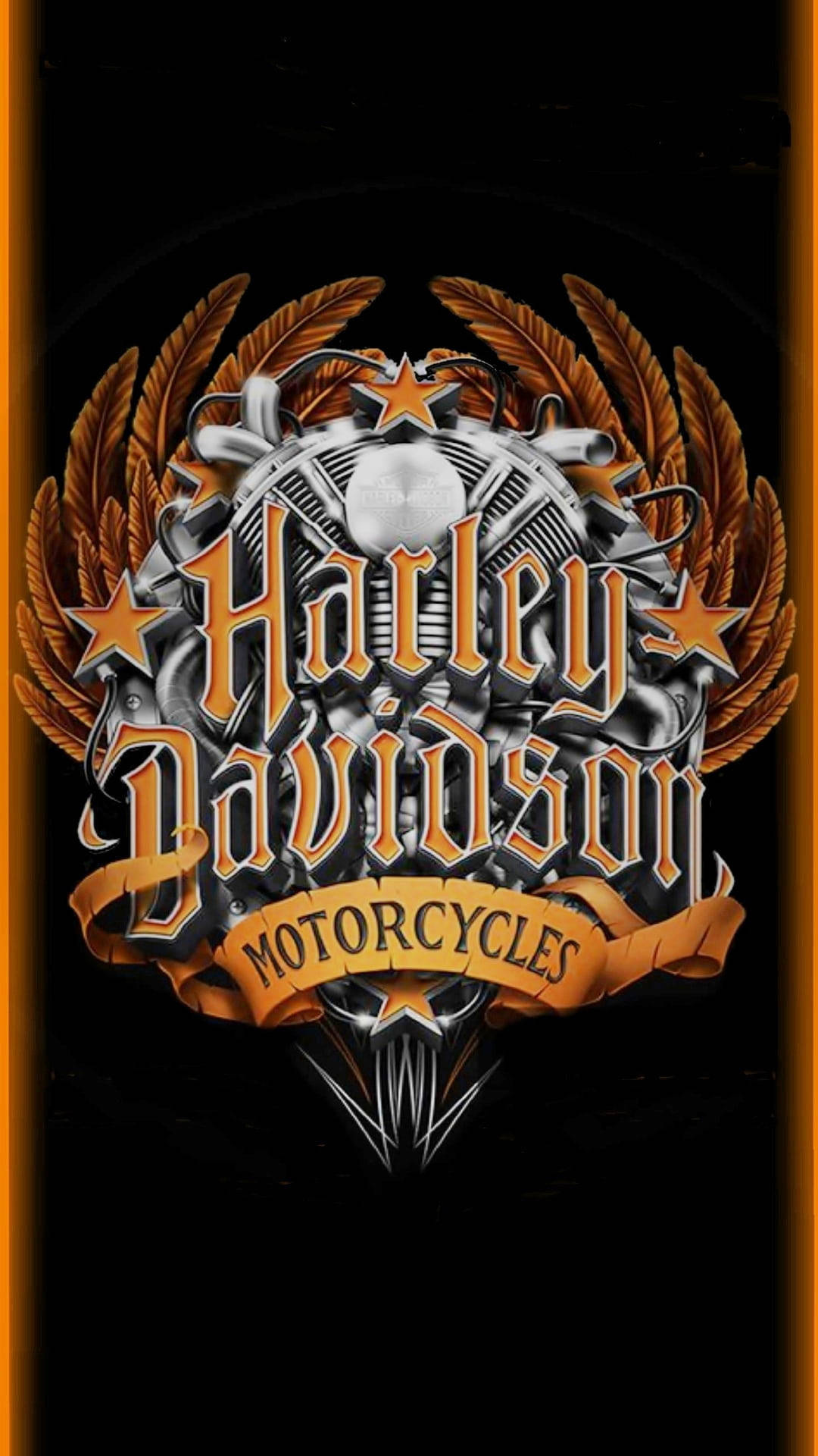 Harley Davidson 標誌 桌布 壁紙 — 黑色背景上帶有橙色邊框的哈雷戴維森標誌，包含引擎和翅膀。