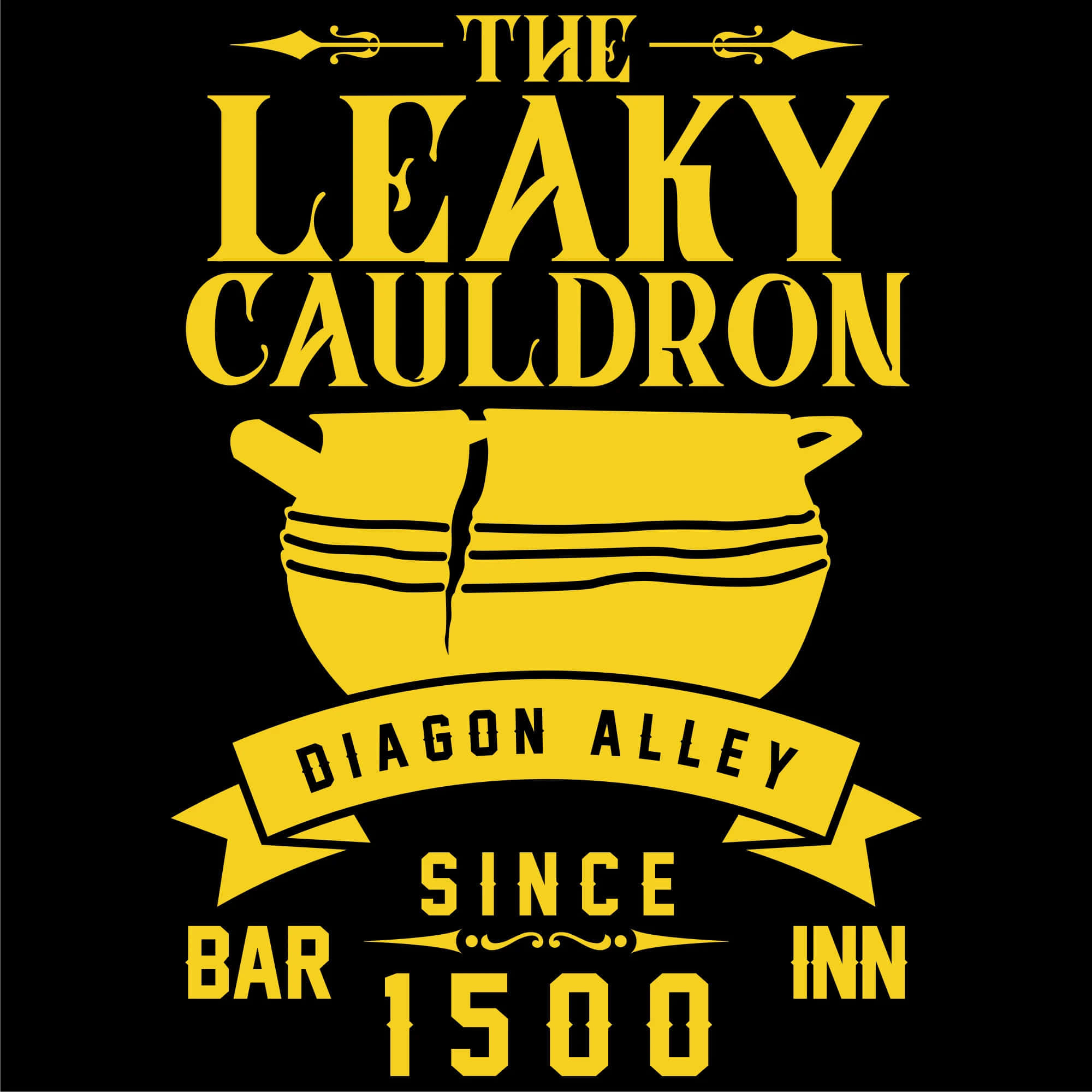The Leaky Cauldron 桌布 壁紙 — 黑色背景上帶有粗體黃色文字和坩堝標誌的 The Leaky Cauldron 酒吧招牌。