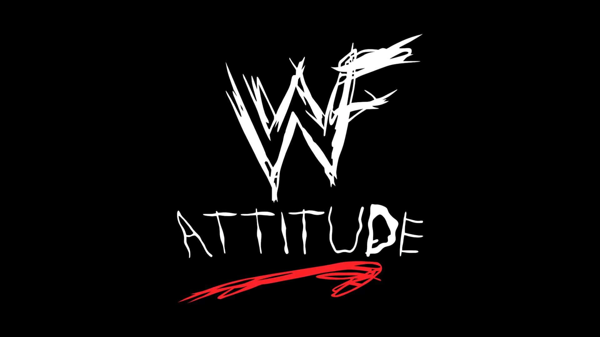 WWE Logo 桌布 壁紙 — 黑色背景上帶有紅色斜線的粗體白色「WWF ATTITUDE」標誌。