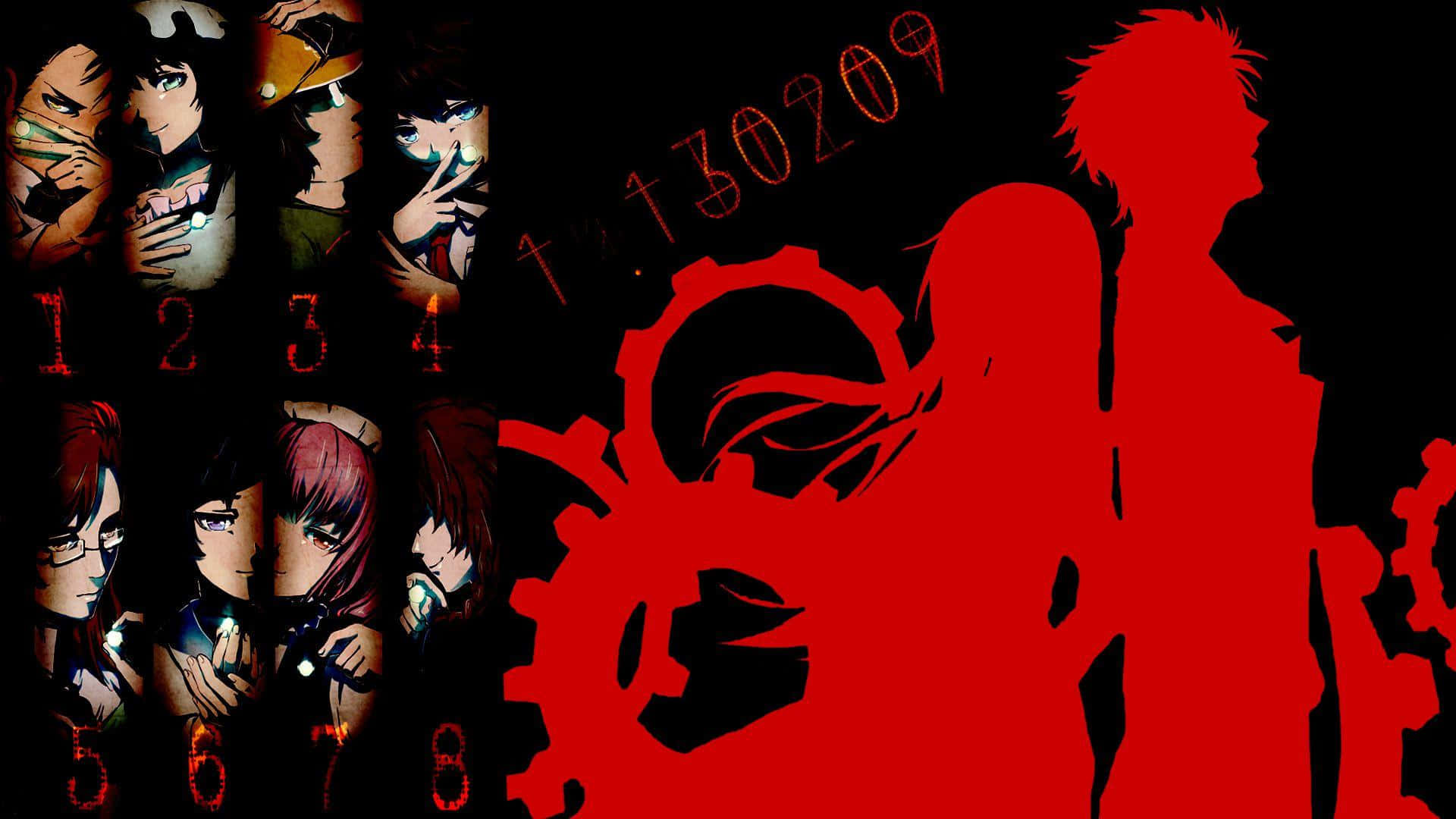 Steins Gate 桌布 壁紙 — 黑色背景上帶有紅色發光數字和剪影的暗色調動漫角色。