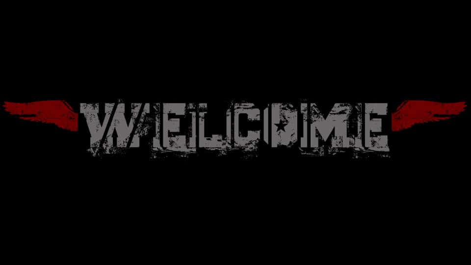 Welcome Gaming 桌布 壁紙 — 黑色背景上帶有紅色翅膀點綴的灰色粗獷歡迎文字。