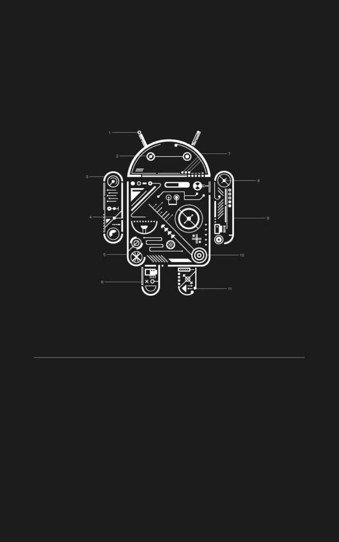 黑色動態圖 桌布 壁紙 — 黑色背景上帶有編號標註的Android機械人吉祥物白色技術藍圖。