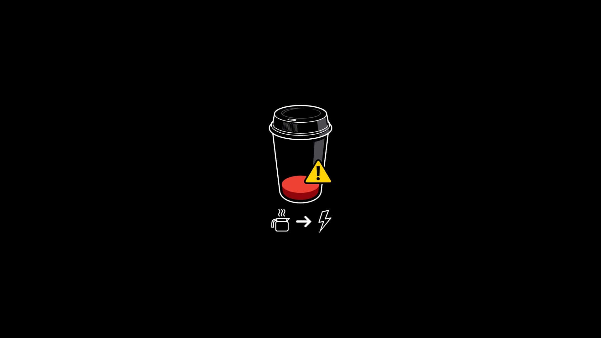 Minimalist Coffee 桌布 壁紙 — 黑色背景上帶有警告標誌和蒸氣轉閃電能量轉換圖標的極簡線條藝術咖啡杯。