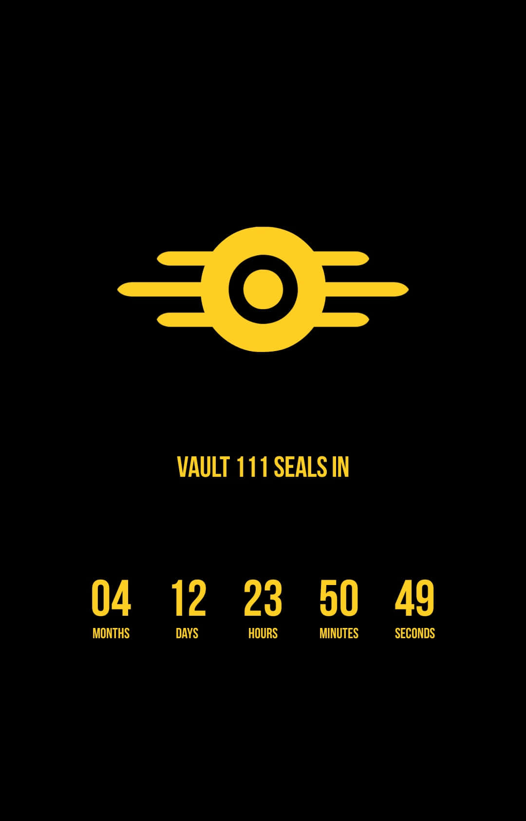 Vault-tec 桌布 壁紙 — 黑色背景上有一個發光的黃色Vault 111標誌，附有倒數計時器顯示剩餘4個月12天23小時50分鐘49秒。