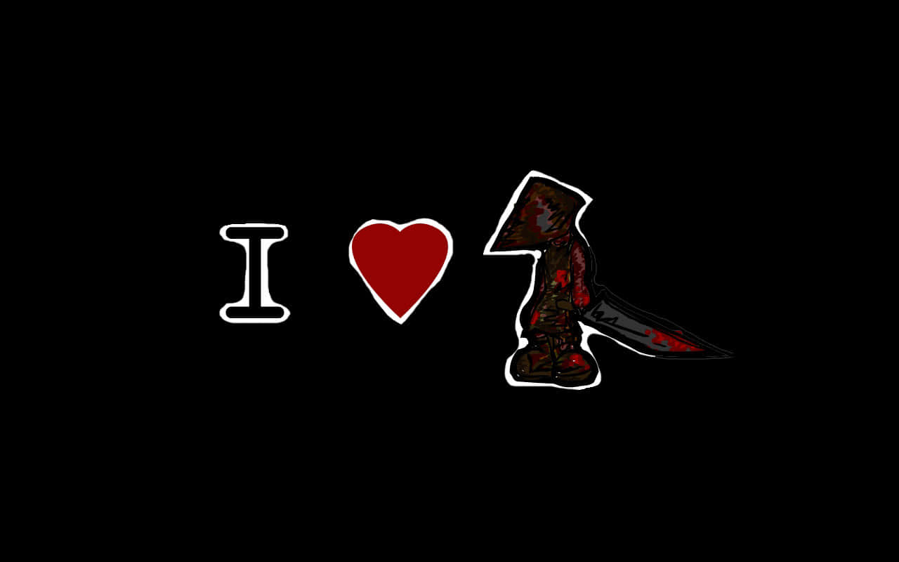 Silent Hill Characters 桌布 壁紙 — 黑色背景上有一個白色輪廓的 'I'、一個紅色心形和一把帶血跡的斧頭，斧頭有白色輪廓。