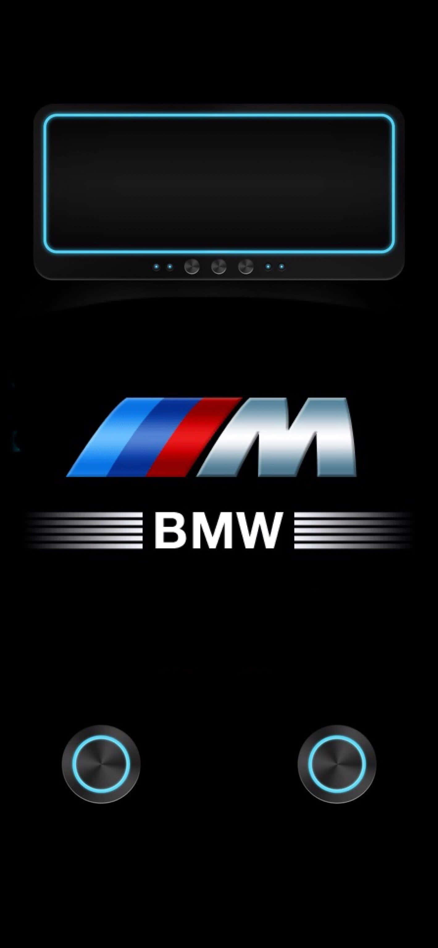 Bmw Logo 桌布 壁紙 — 黑色背景上發光的藍色霓虹燈勾勒出BMW M標誌和汽車儀表板。