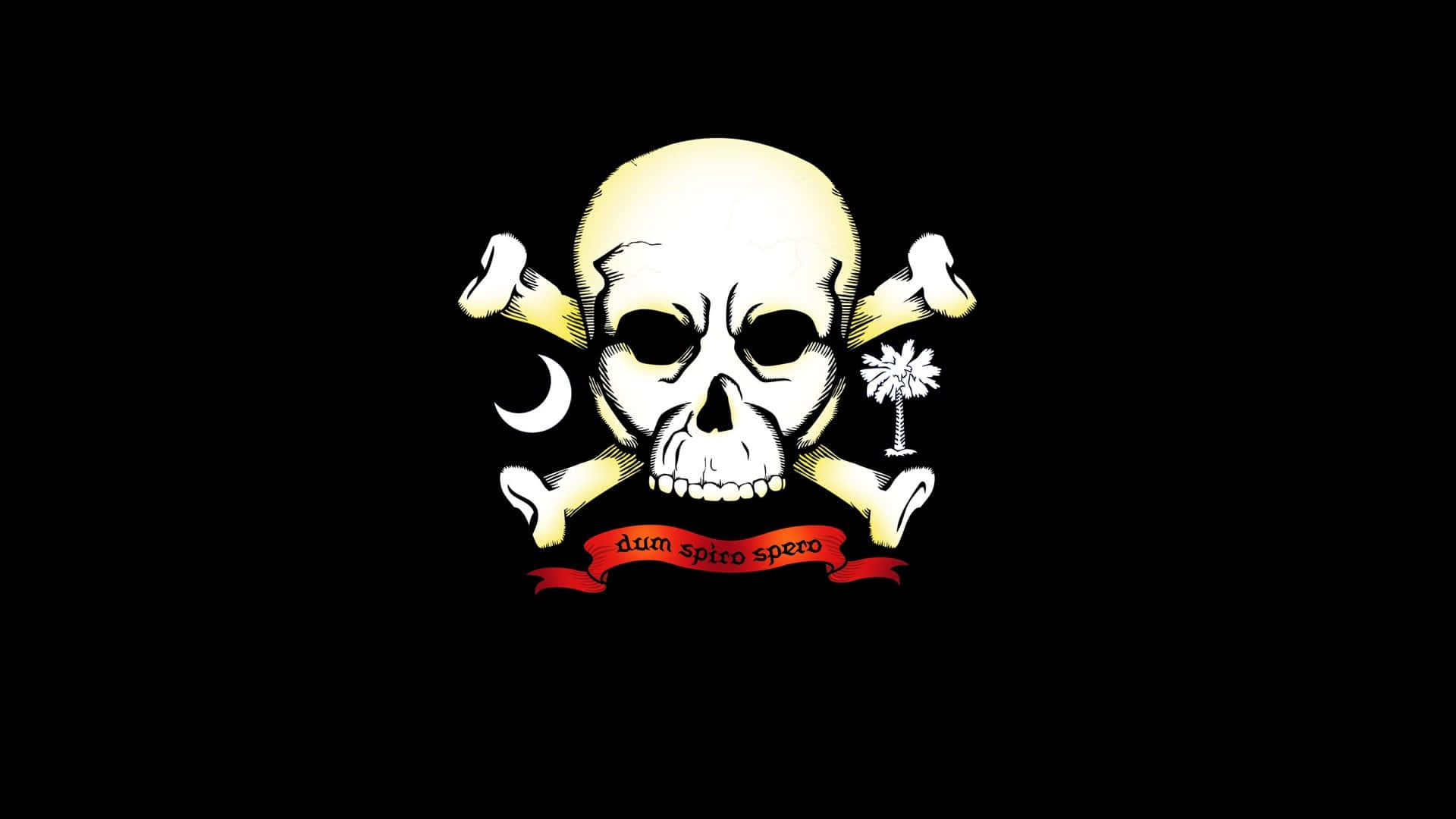 Bone 桌布 壁紙 — 黑色背景上發光的黃色骷髏頭和交叉骨頭標誌，帶有新月和棕櫚樹。