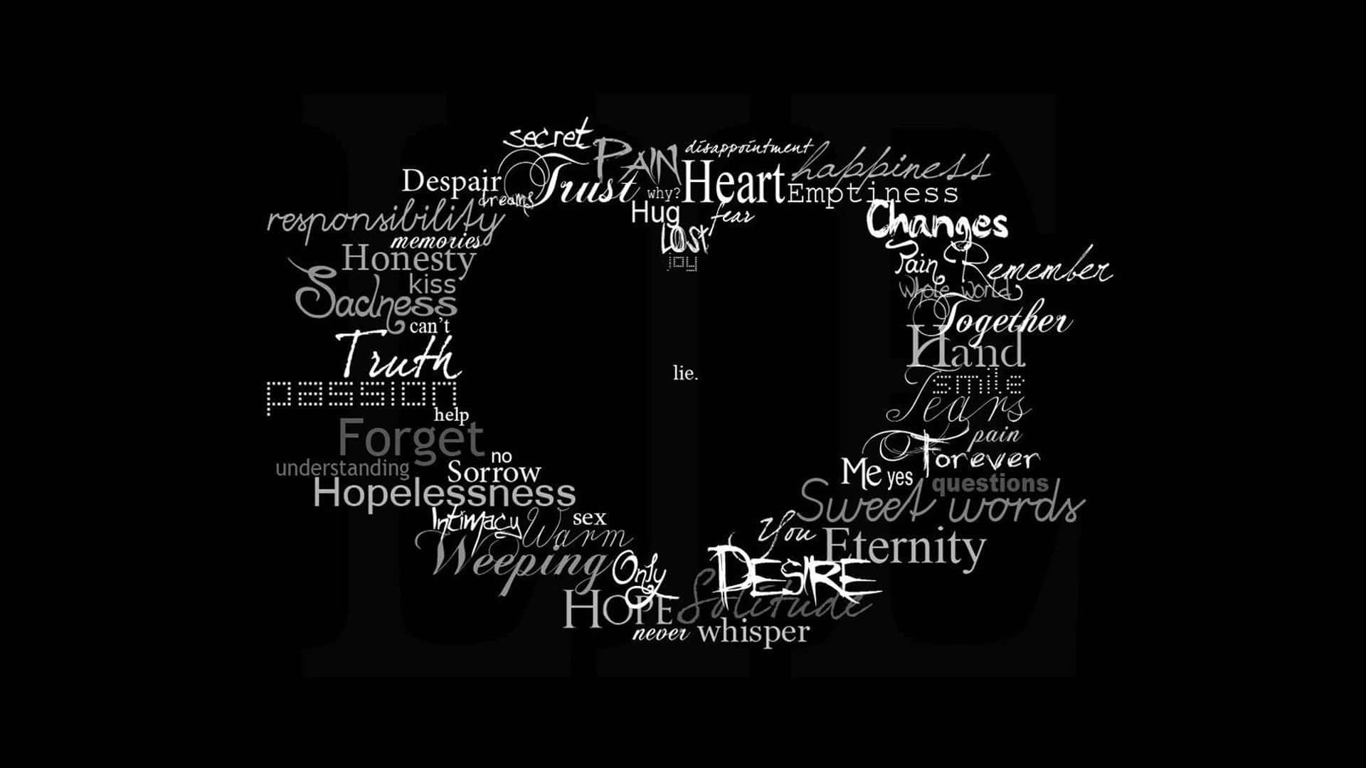 Dark Emo 桌布 壁紙 — 黑色背景上白色文字組成心形，表達愛、痛苦、希望和渴望等情感。