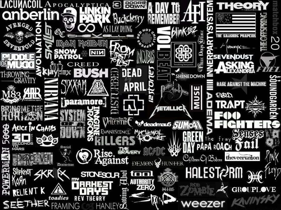 Words 桌布 壁紙 — 黑色背景上白色樂隊標誌和名稱的密集拼貼，包括 Linkin Park 和 Metallica 等搖滾和金屬樂隊。