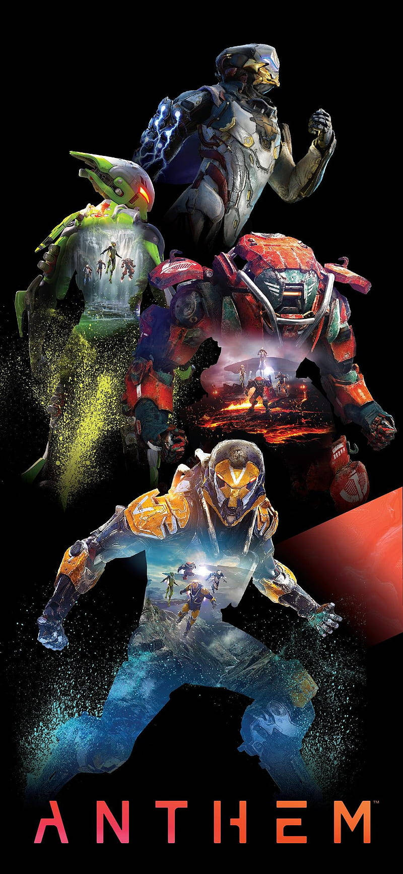 四個裝甲的 Anthem 角色以動態姿勢呈現，帶有發光效果和熾熱背景。