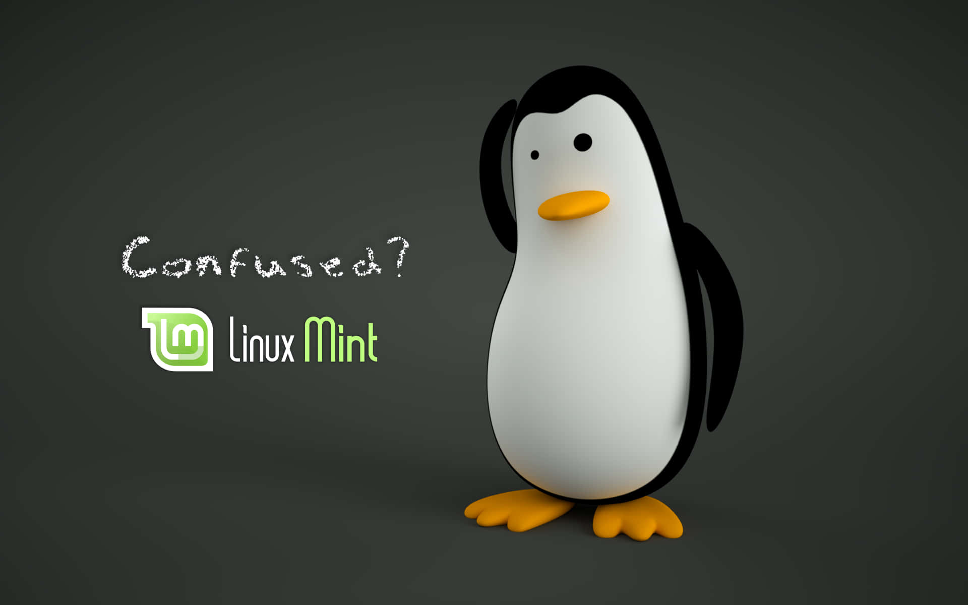 Linux Mint企鵝吉祥物看起來困惑，帶有標誌和文字。