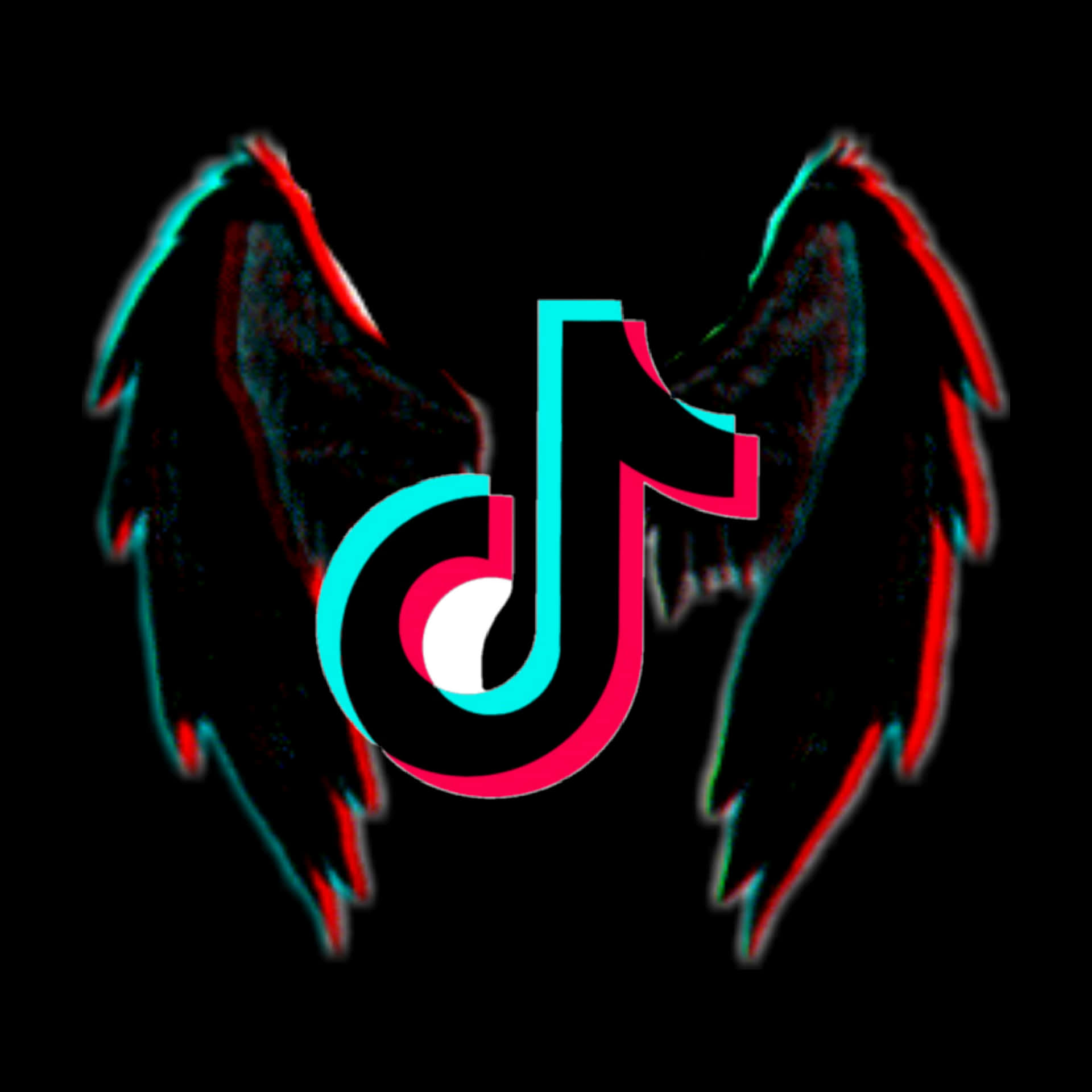 TikTok 標誌，帶有發光的紅色和青色翅膀，黑色背景