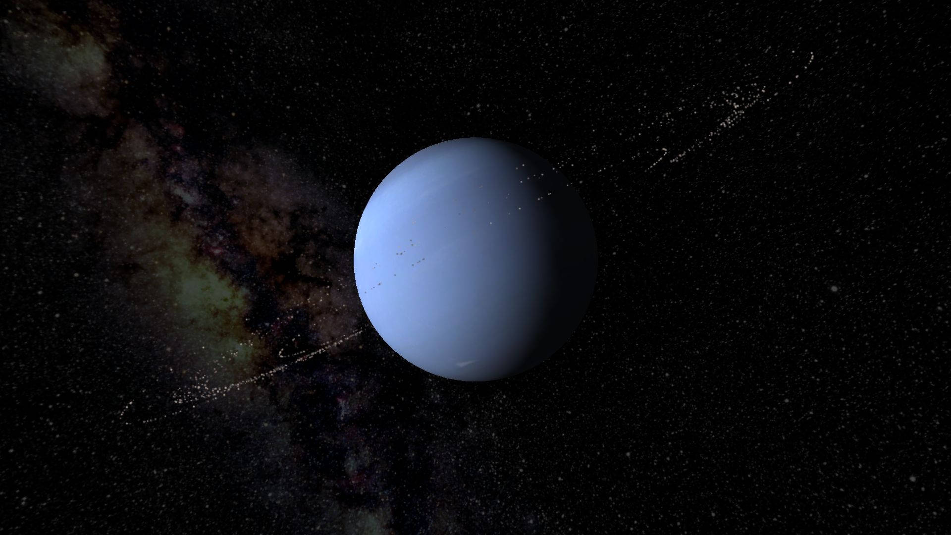 黑色背景上的天王星 壁紙 — 一顆寧靜的藍色行星漂浮在深空，旁邊是色彩繽紛的星雲，帶有微弱的環和遙遠的星星。