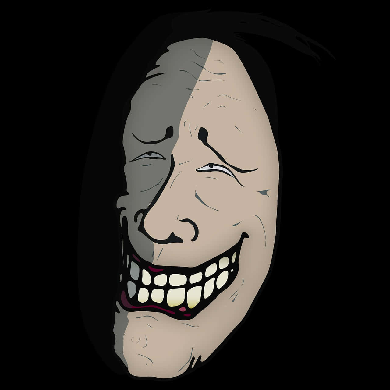 黑色背景上的搞笑嚇人卡通 trolls 面部圖 壁紙 — 一幅分割面孔插圖，一邊是苦臉，另一邊是陰險的笑容，背景為黑色。