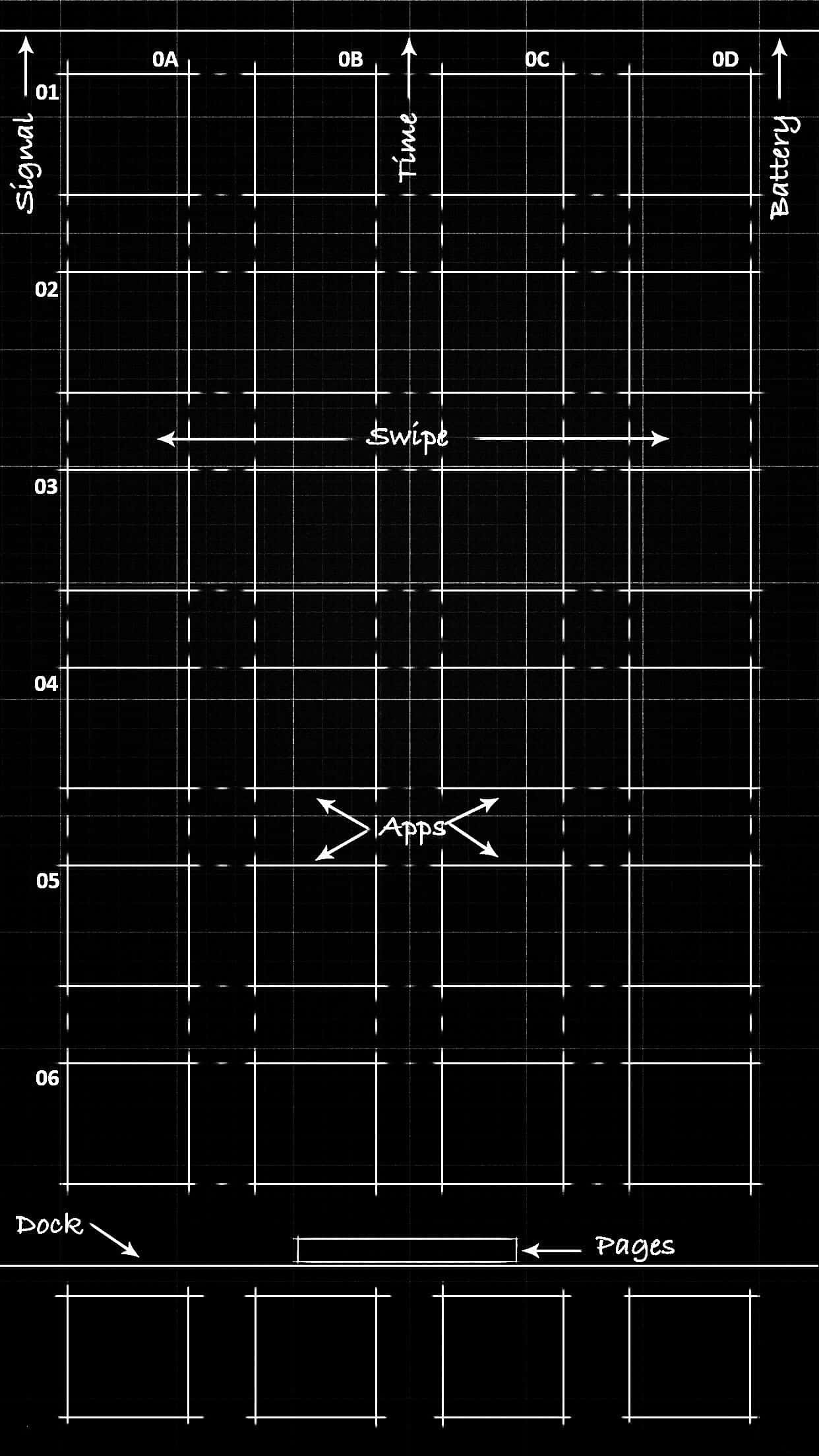 grid 桌布 壁紙 — 黑色背景上的極簡白色網格佈局圖，顯示電話界面元素，如信號、電池、滑動、應用程式、底座和頁面。