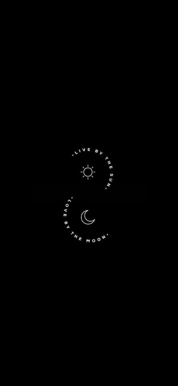 Sun And Moon Aesthetic 桌布 壁紙 — 黑色背景上的極簡白色線條藝術，以圓形文字展示太陽和月亮及勵志短語。