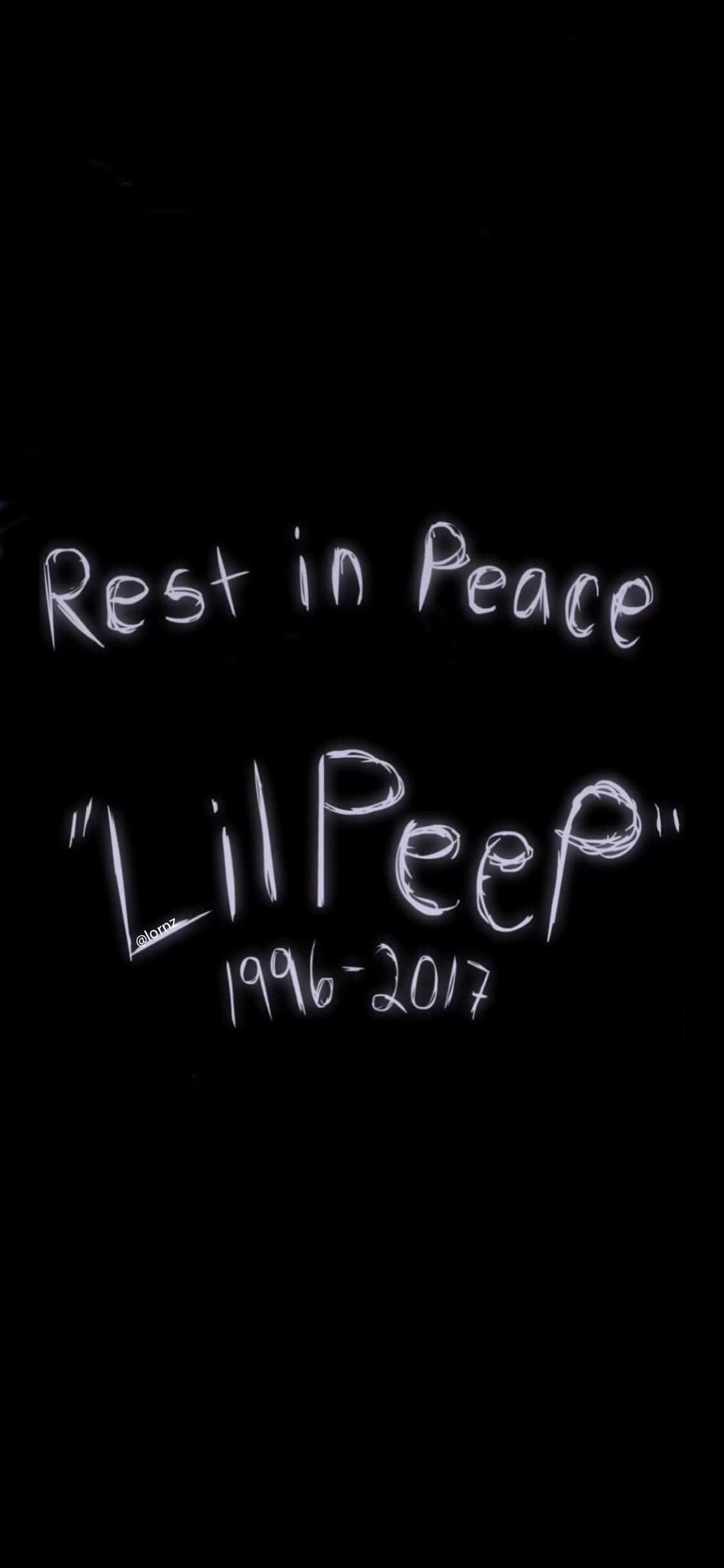 裂開 桌布 壁紙 — 黑色背景上的白色手寫文字寫著 Rest in Peace Lil Peep 1996-2017，帶有發光輪廓。