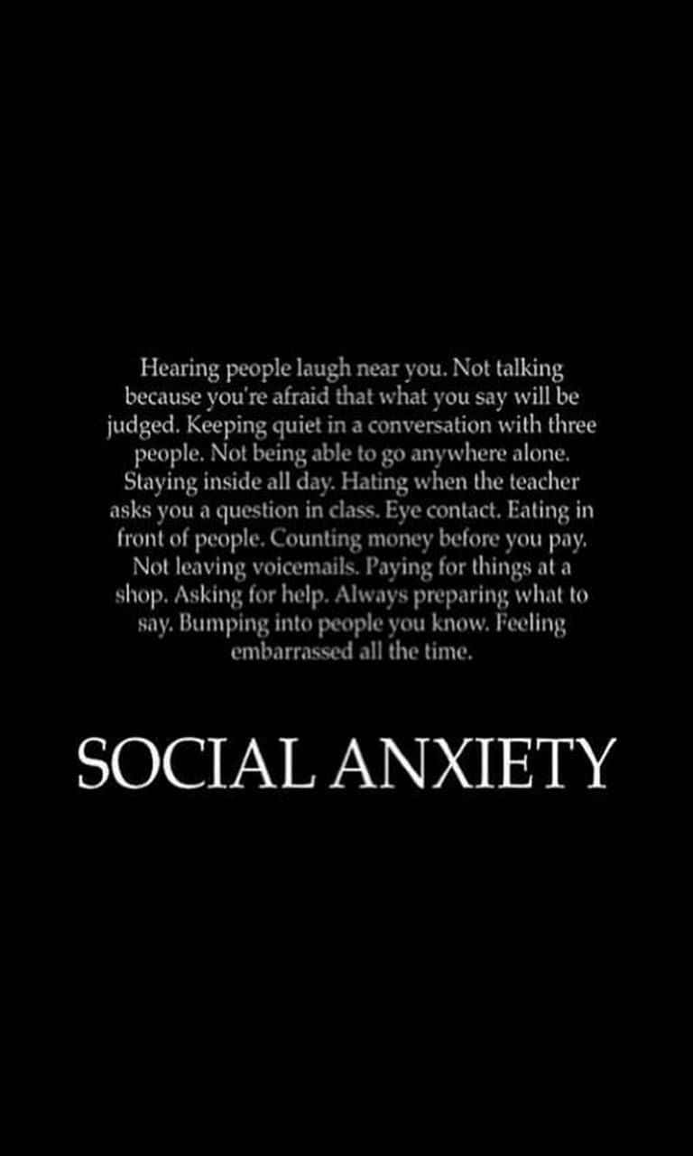Anxiety iPhone 桌布 壁紙 — 黑色背景上的白色文字列出社交焦慮症狀，下方有粗體標題。