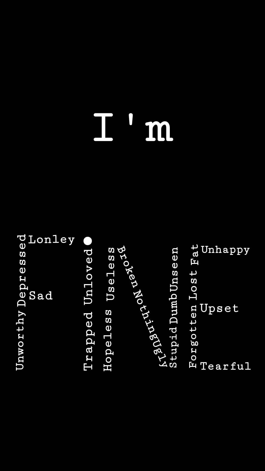 Lonely Quotes 桌布 壁紙 — 黑色背景上的白色文字列出負面的自我認知，其中一個點突出顯示 'Lonley'，旁邊有 'Unworthy'、'Hopeless' 和 'Unhappy' 等詞語。