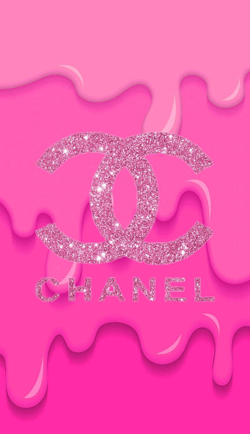 帶有閃亮質感和滴落粉紅色液體效果的粉紅色Chanel標誌。