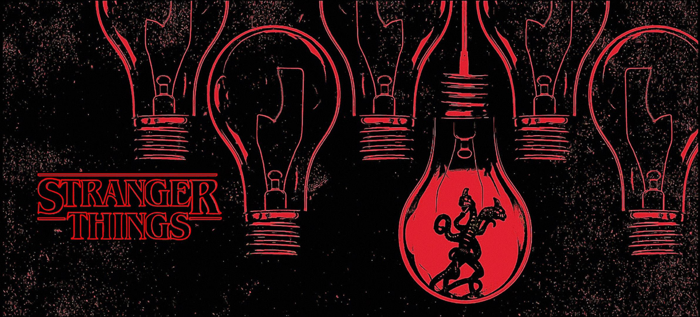Light Bulb 桌布 壁紙 — 黑色背景上的紅色輪廓燈泡，其中一個包含惡魔生物，下方有「Stranger Things」文字。
