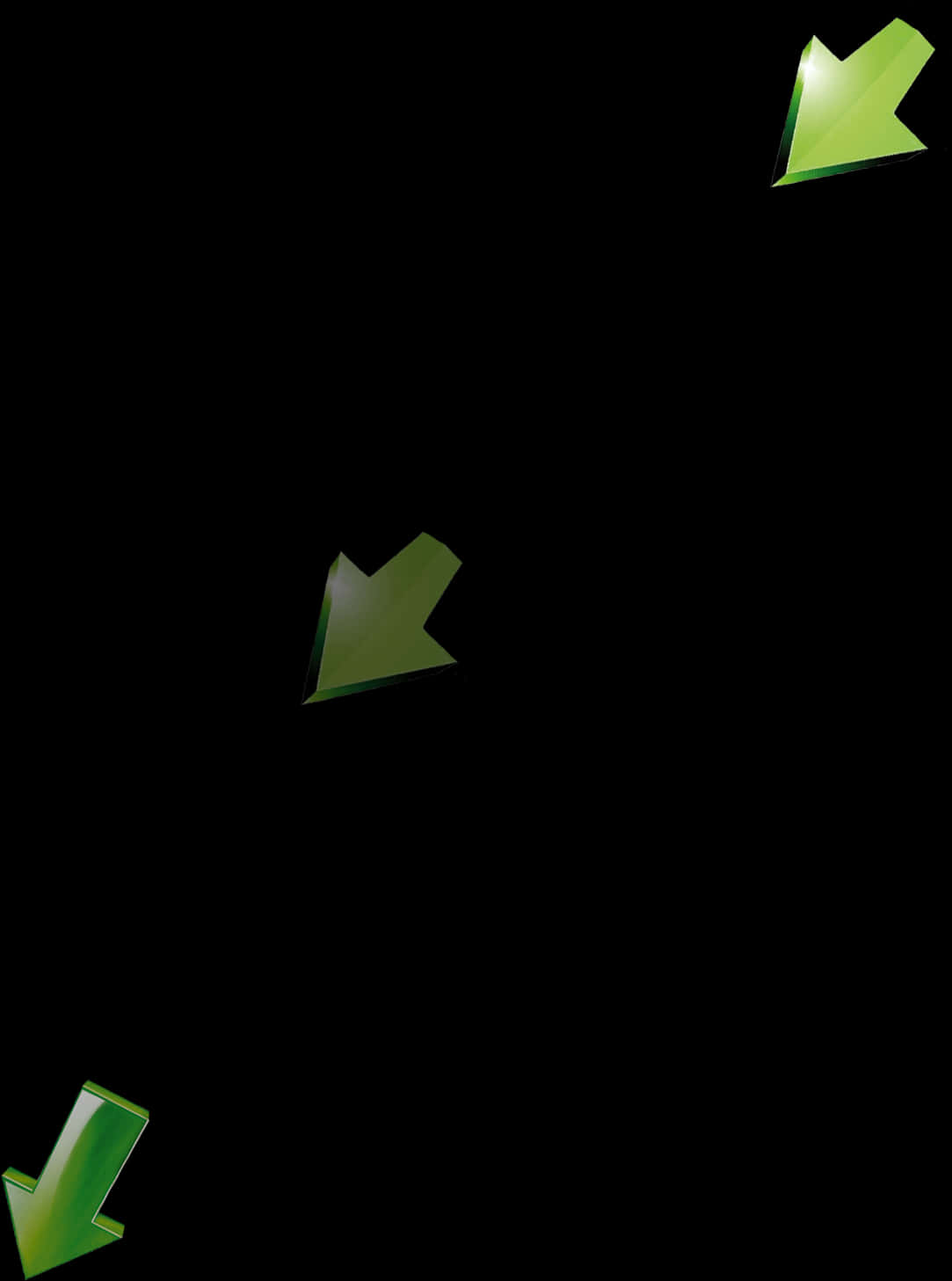 黑色背景上的綠色箭頭 壁紙 — 三個發光的綠色3D箭頭漂浮在黑色背景上，指向不同方向。