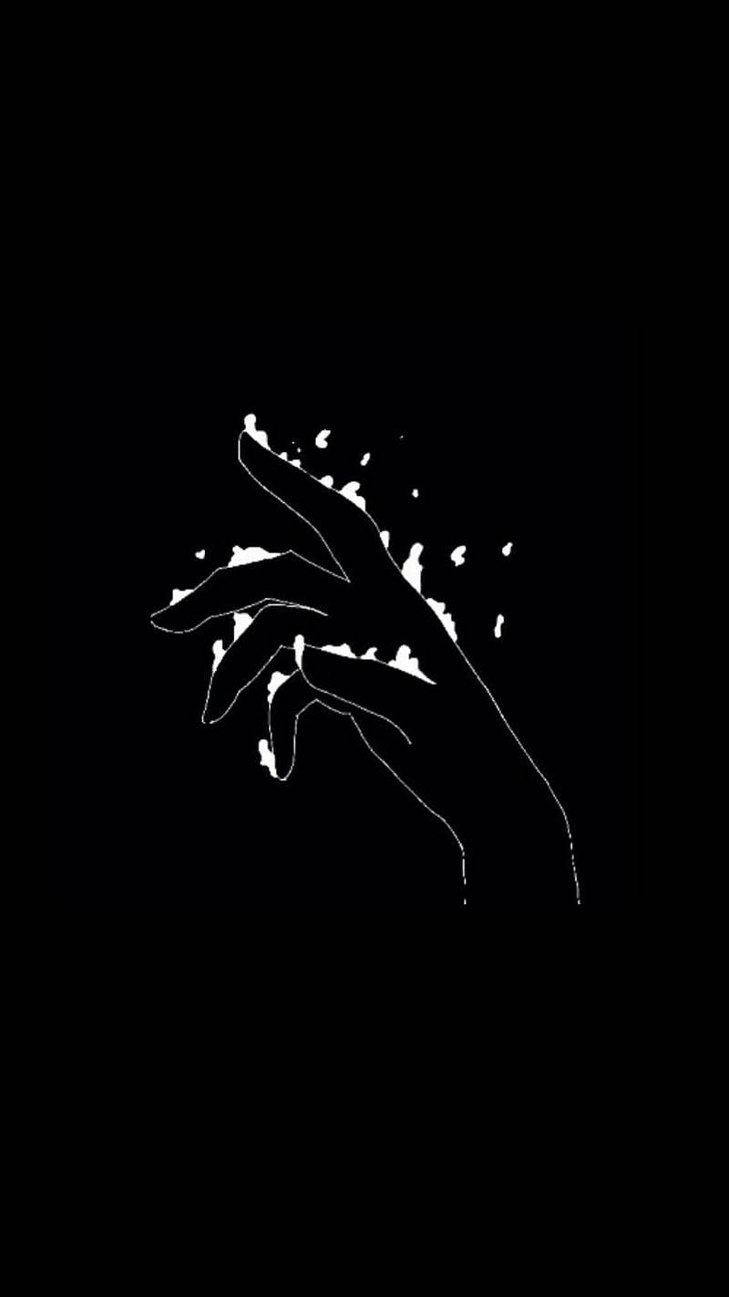 minimal dark iPhone 桌布 壁紙 — 黑色背景上突出的白色手部輪廓，指尖帶有飛濺顏料效果。