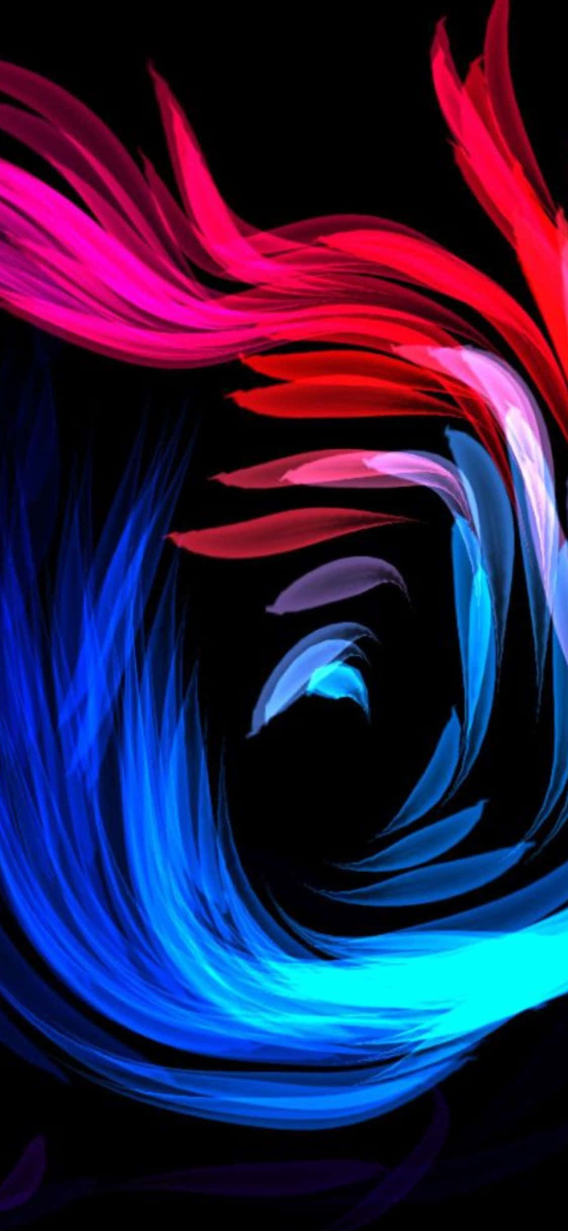 iPhone X Amoled 桌布 壁紙 — 黑色背景上粉紅色、紅色和藍色條紋的充滿活力的漩渦抽象形態，營造出動態能量。