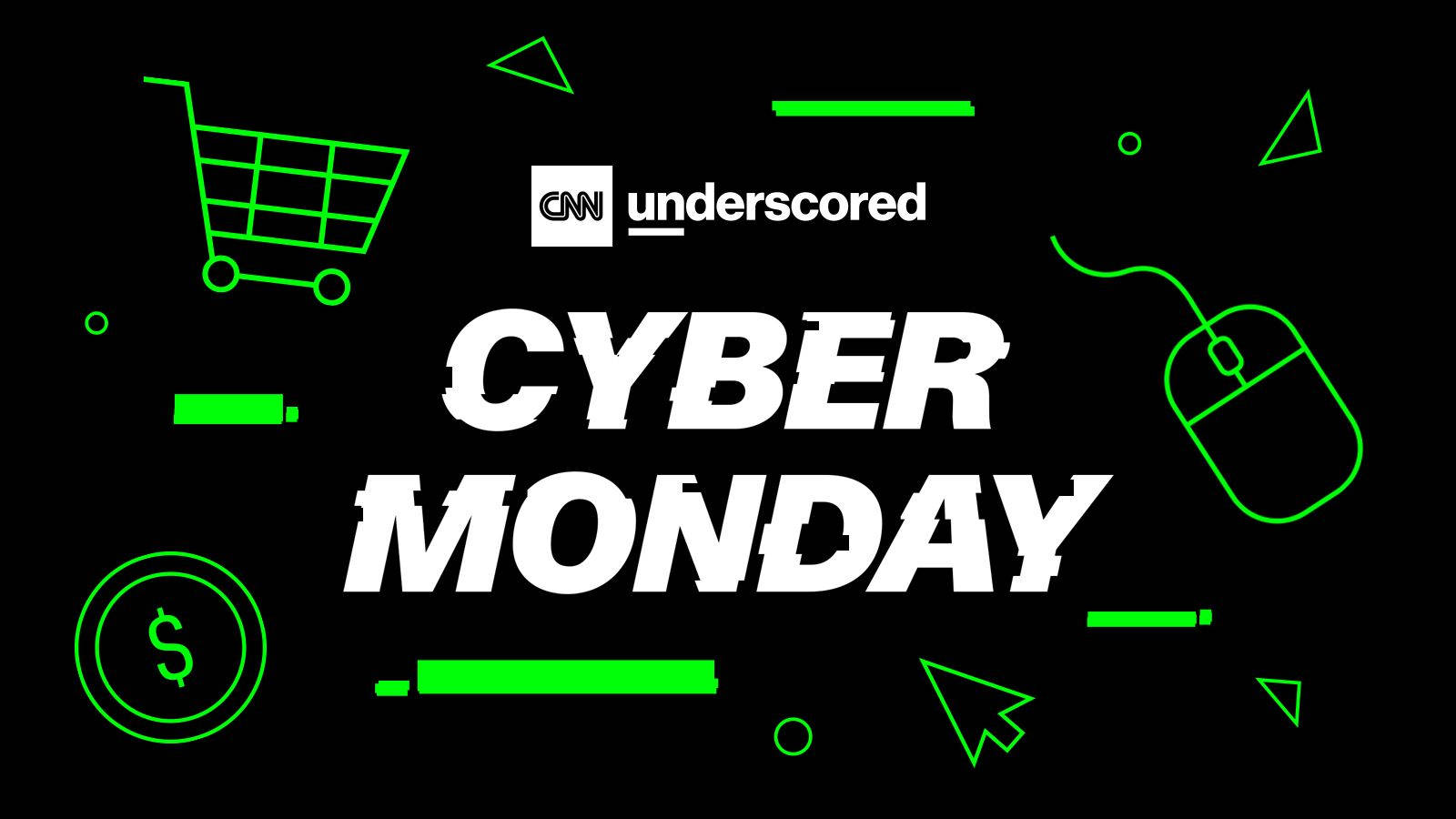 科技 桌布 壁紙 — 黑色背景上粗體白色「CYBER MONDAY」文字，周圍環繞著發光的綠色購物圖示。