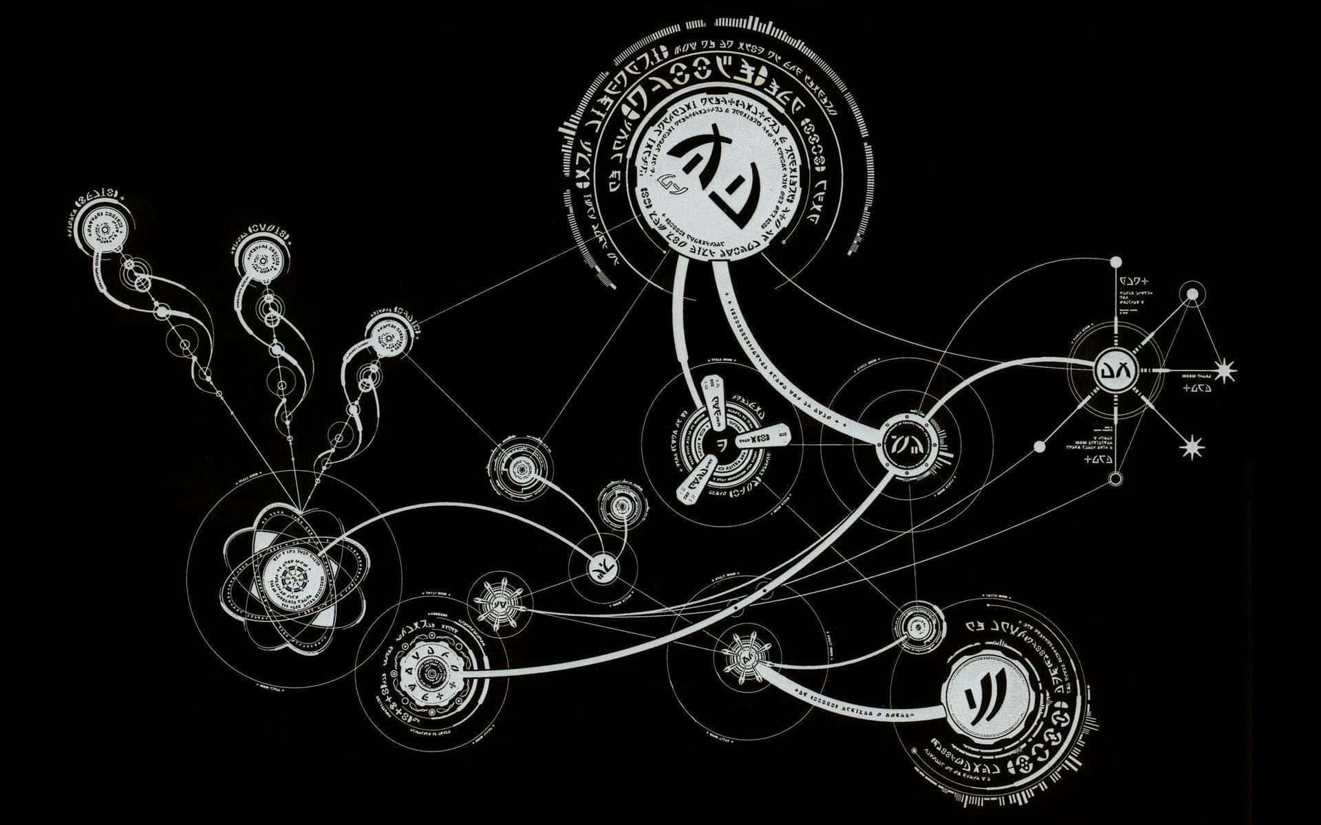 Alchemy 桌布 壁紙 — 黑色背景上複雜的白色線條圖，顯示帶有符號和文字的互連圓形節點。