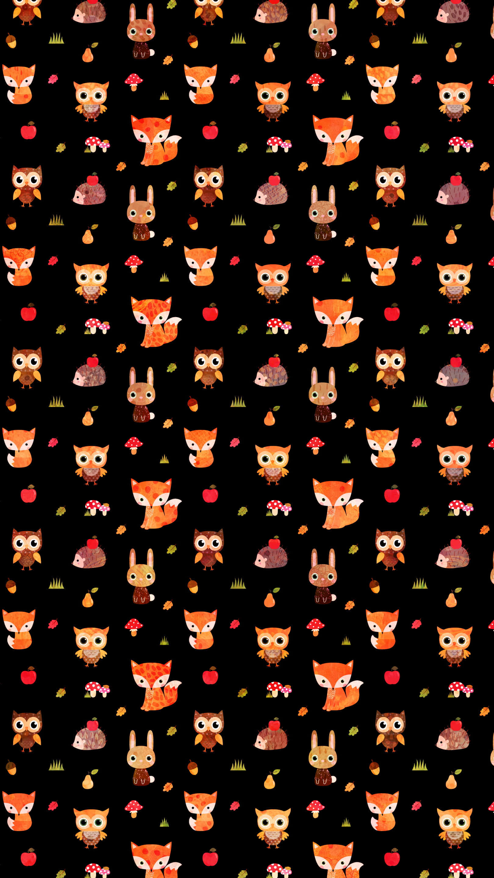 Kawaii Fox 桌布 壁紙 — 黑色背景上重複的可愛卡通狐狸、貓頭鷹、刺蝟和秋葉圖案。
