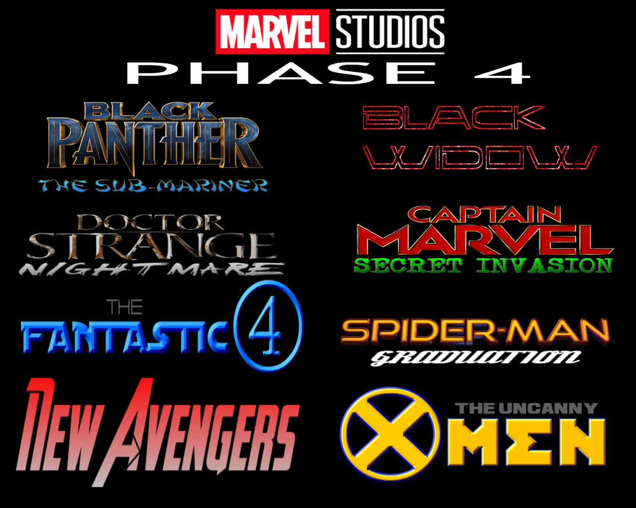 Mcu Phase Four 桌布 壁紙 — 黑色背景上顯示Marvel Studios第四階段的發光電影標誌，包括黑豹、黑寡婦、驚奇隊長、蜘蛛俠和X戰警。