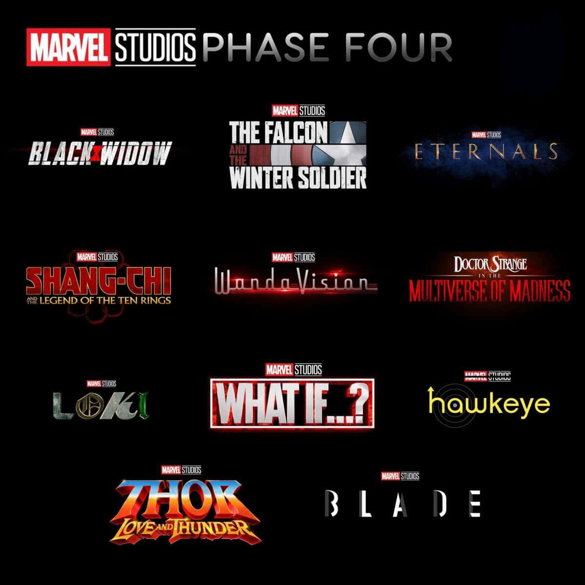 Mcu Phase Four 桌布 壁紙 — 黑色背景上顯示了十個Marvel Studios第四階段電影標題，採用多種風格字體和顏色。
