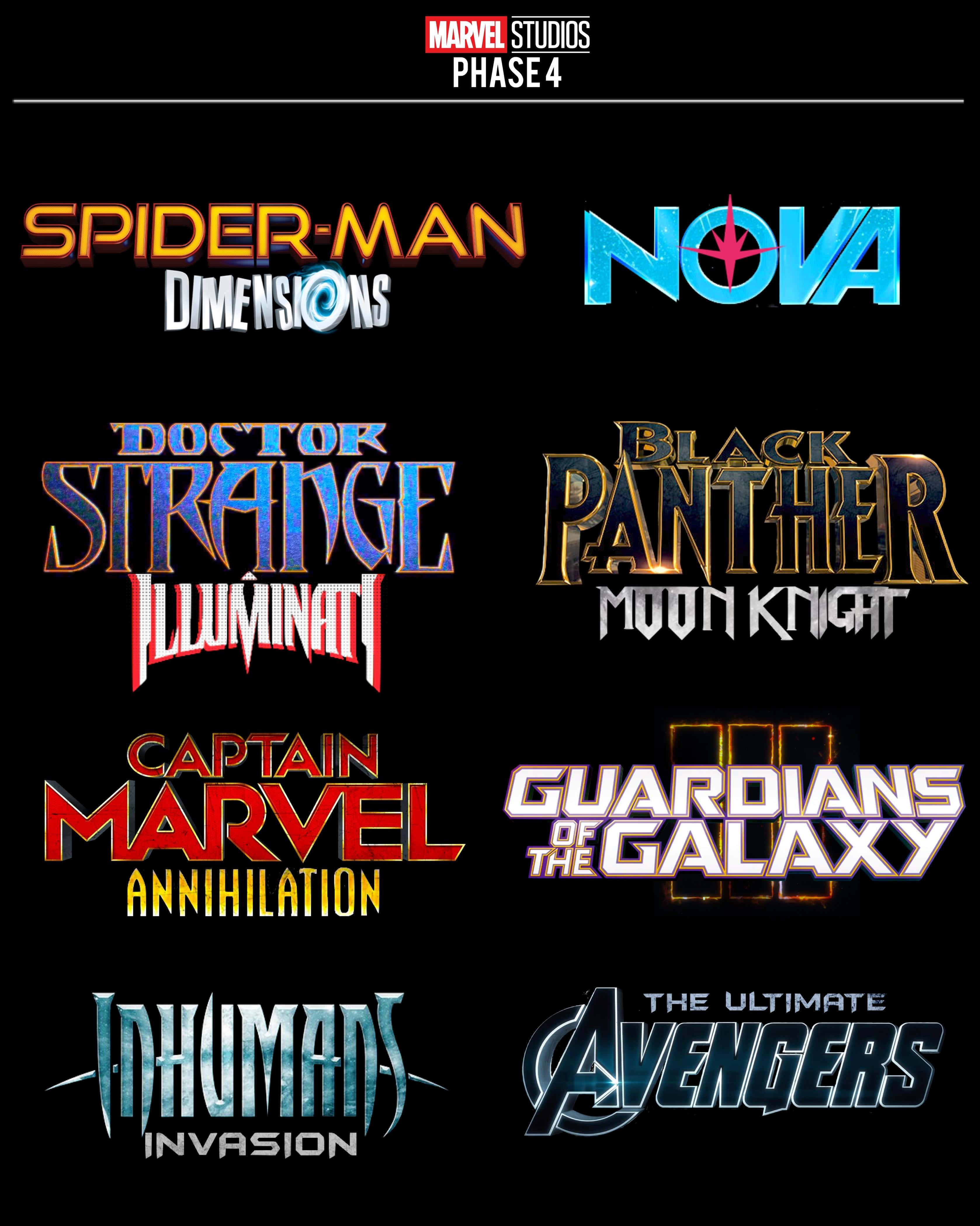 Mcu Phase Four 桌布 壁紙 — 黑色背景上顯示八個風格化的Marvel電影標題，採用發光金屬字體，具有多種配色方案和效果。