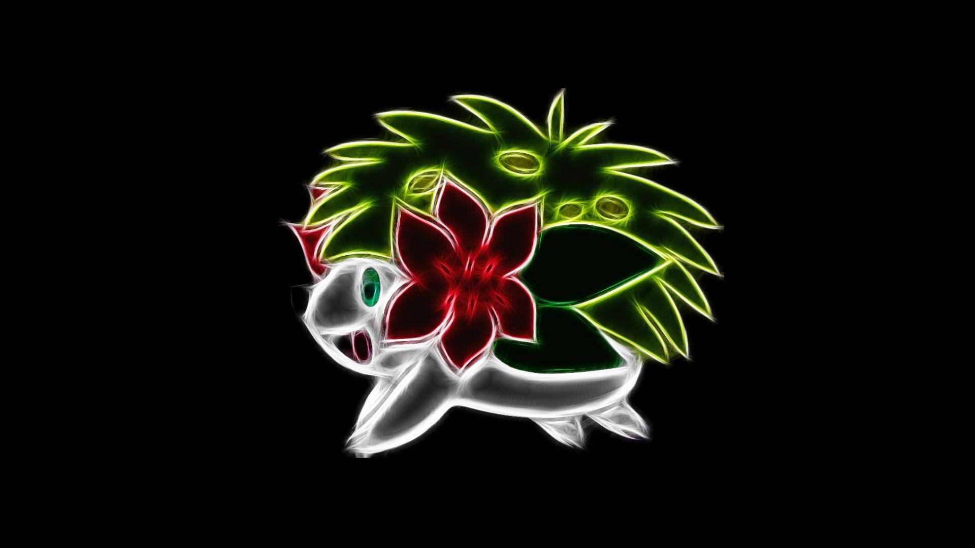 黑色背景下的普通希爾米光暈輪廓 壁紙 — 一個發光的霓虹風格寶可夢，有綠色尖刺頭髮和背上的紅色花朵，背景為黑色。