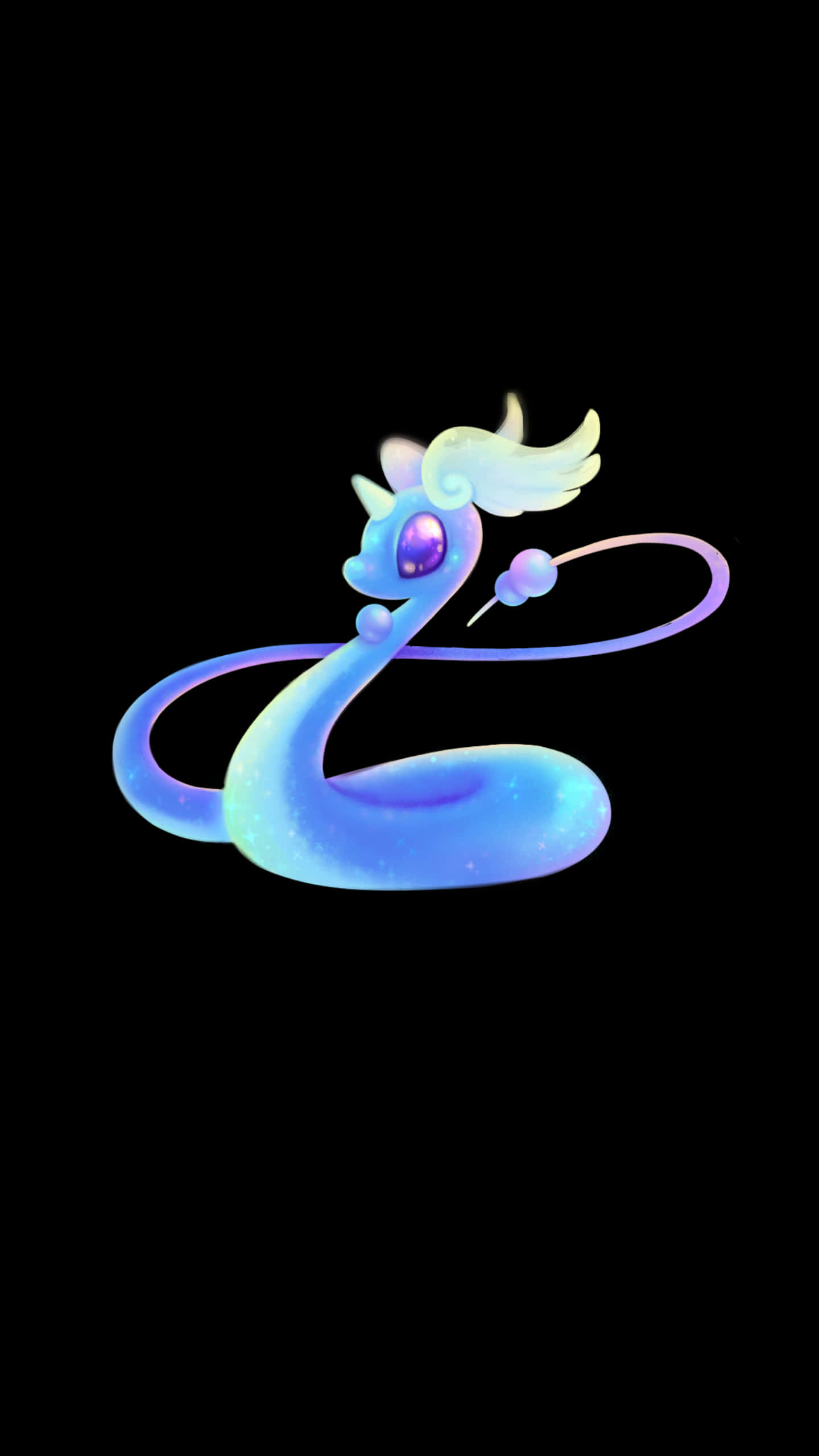 黑色背景下的龍氣寶可夢 壁紙 — 一條發光的藍紫色龍，飄逸的鬃毛在黑色背景上優雅地盤繞。
