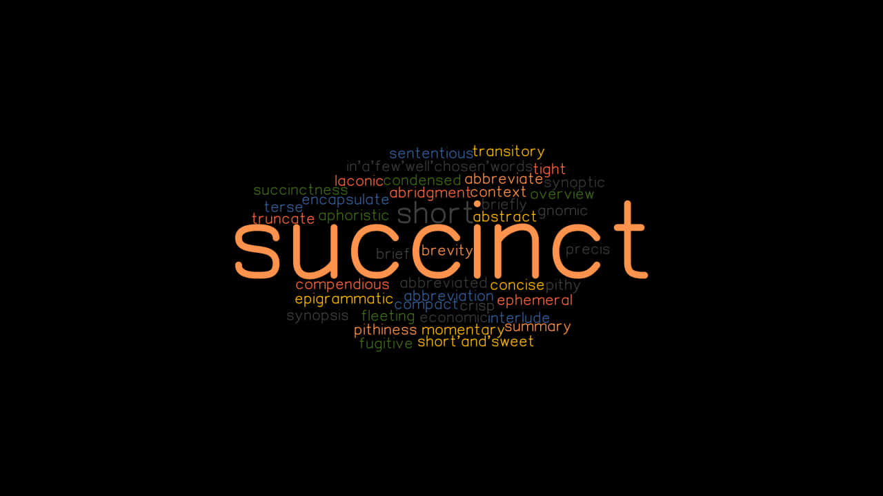 HD 桌布 壁紙 — 黑色背景中央以粗體橙色顯示「succinct」一詞，周圍環繞著各種顏色的相關同義詞。