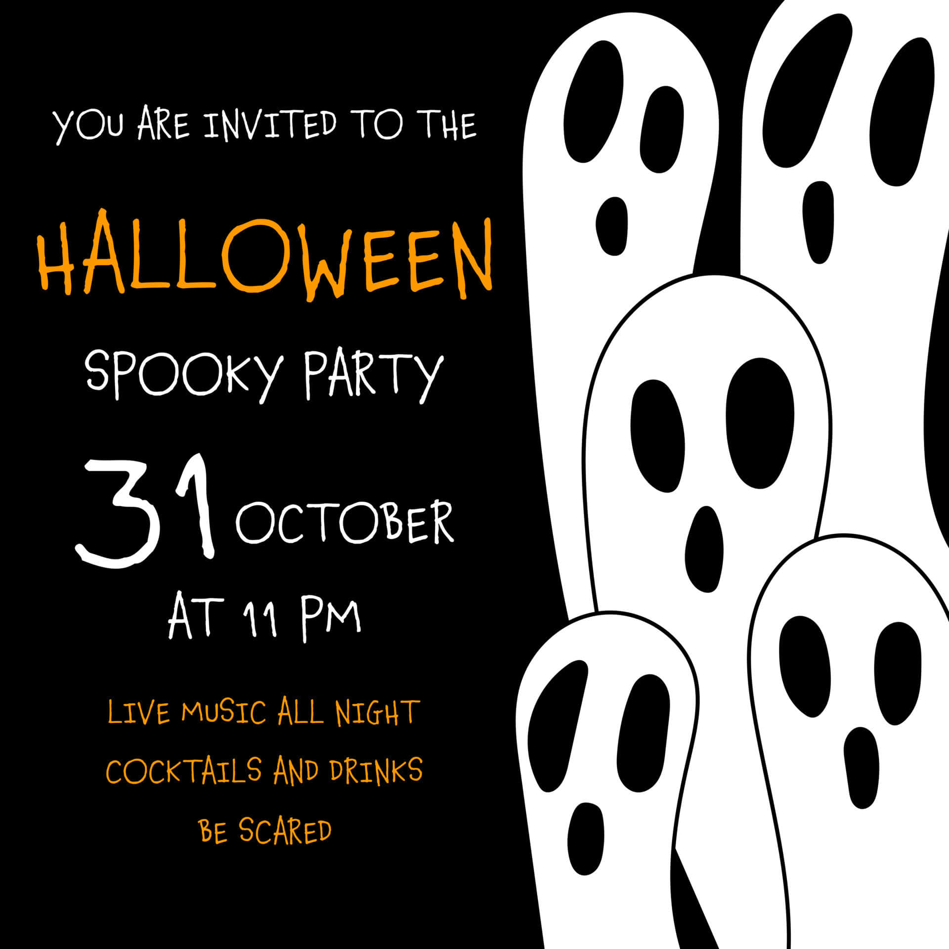 Halloween Invitations 桌布 壁紙 — 黑色背景以橙色和白色文字以及俏皮的卡通鬼魂邀請客人參加萬聖節恐怖派對。