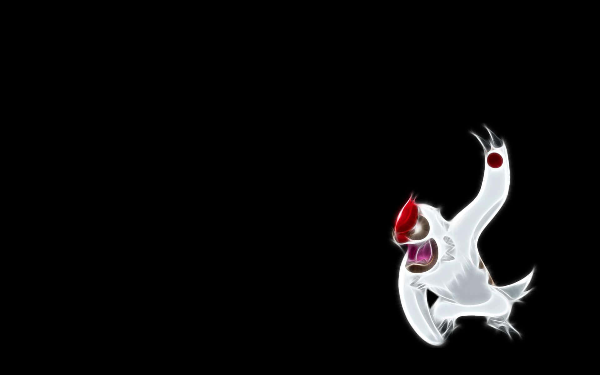 黑色背景的Vigoroth 壁紙 — 一個發光的白色鬼魅生物，帶有紅色點綴，在純黑背景上動態跳躍。