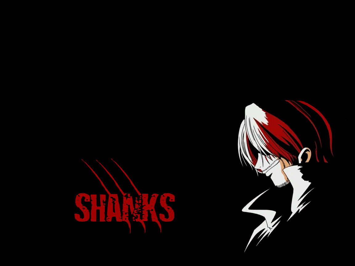 動漫角色Shanks，擁有紅色和白色頭髮和面具，在黑色背景上帶有紅色文字。