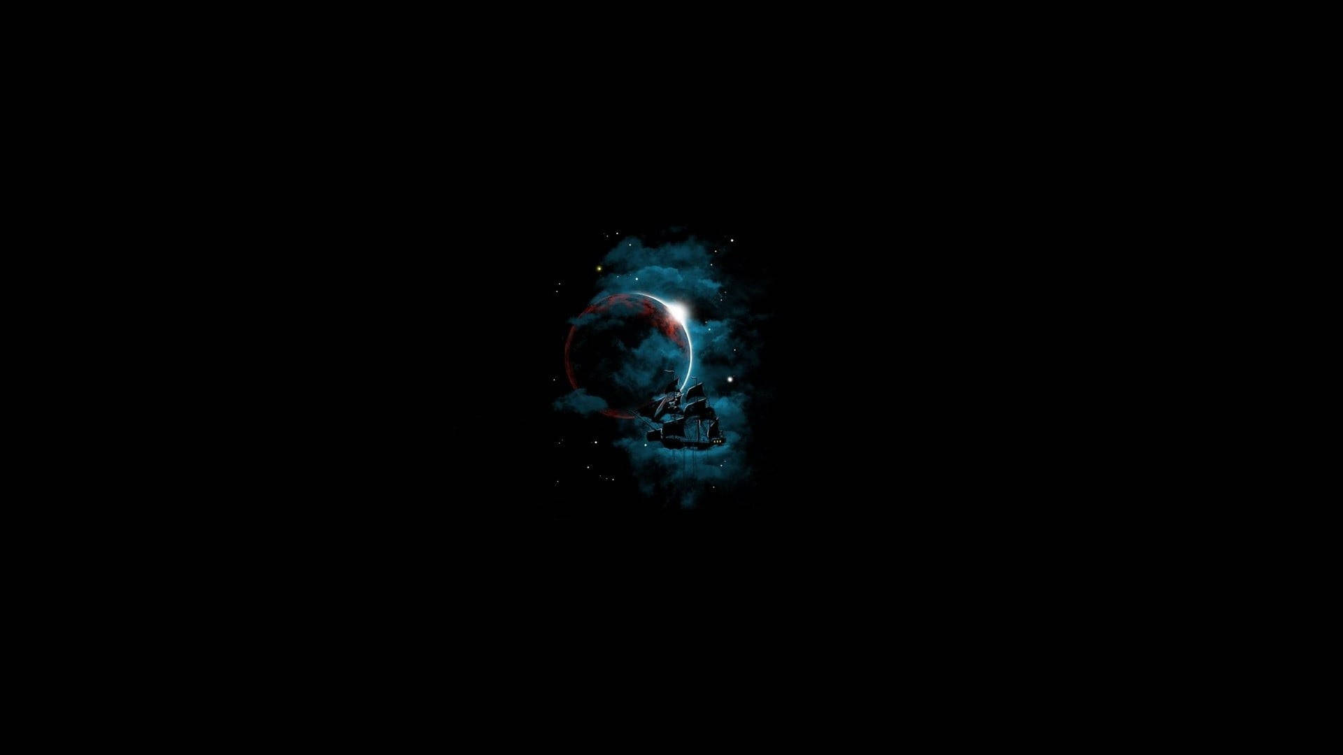一顆紅色行星，帶有彎月和城堡，在宇宙雲中，背景是黑色太空。