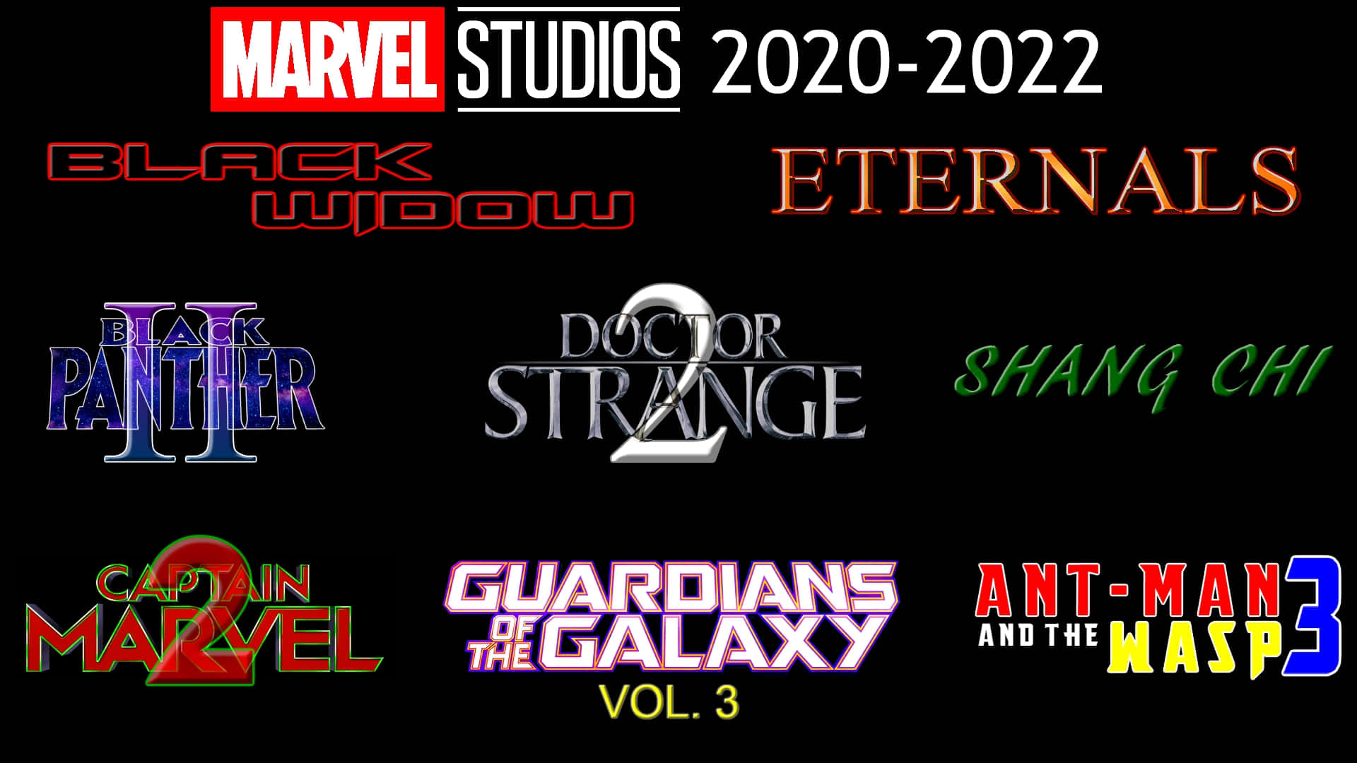 Mcu Phase Four 桌布 壁紙 — 黑色背景顯示2020年至2022年Marvel Studios電影的發光標誌，採用多種風格化字體。