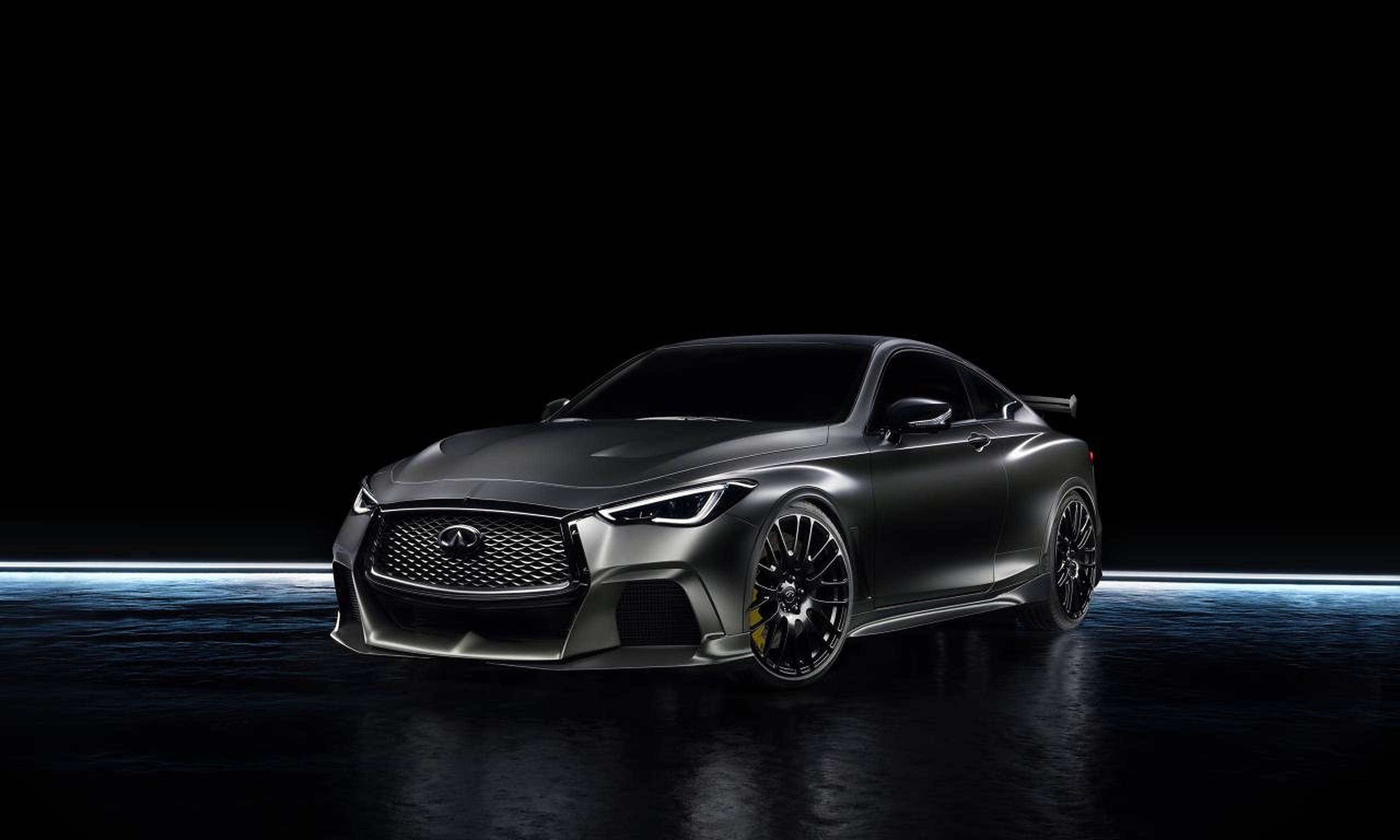 黑色英菲尼迪 Q60 壁紙 — 一輛時尚的啞光灰色跑車在黑色工作室背景前，在霓虹藍光下閃耀。